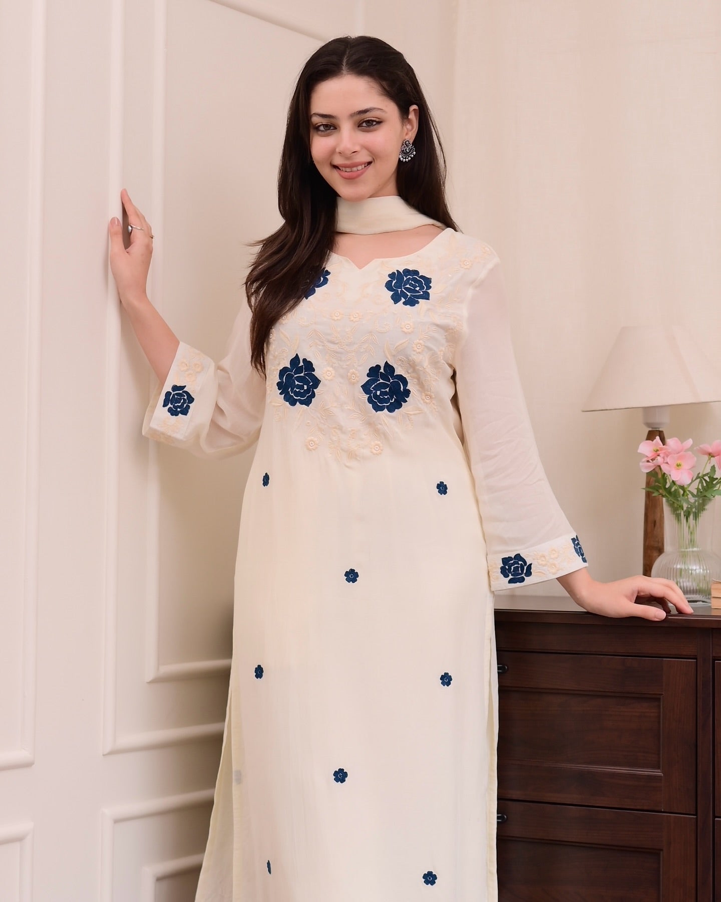 Viscose Embroidered Kurti Pant Dupatta Set | RoopRivaaj