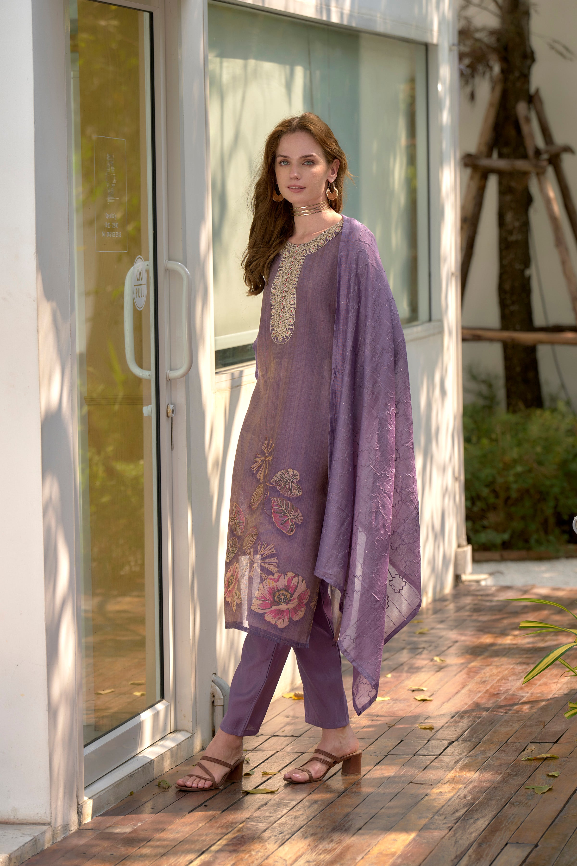 Floral Tissue Straight Kurti Pant Dupatta Set | RoopRivaaj