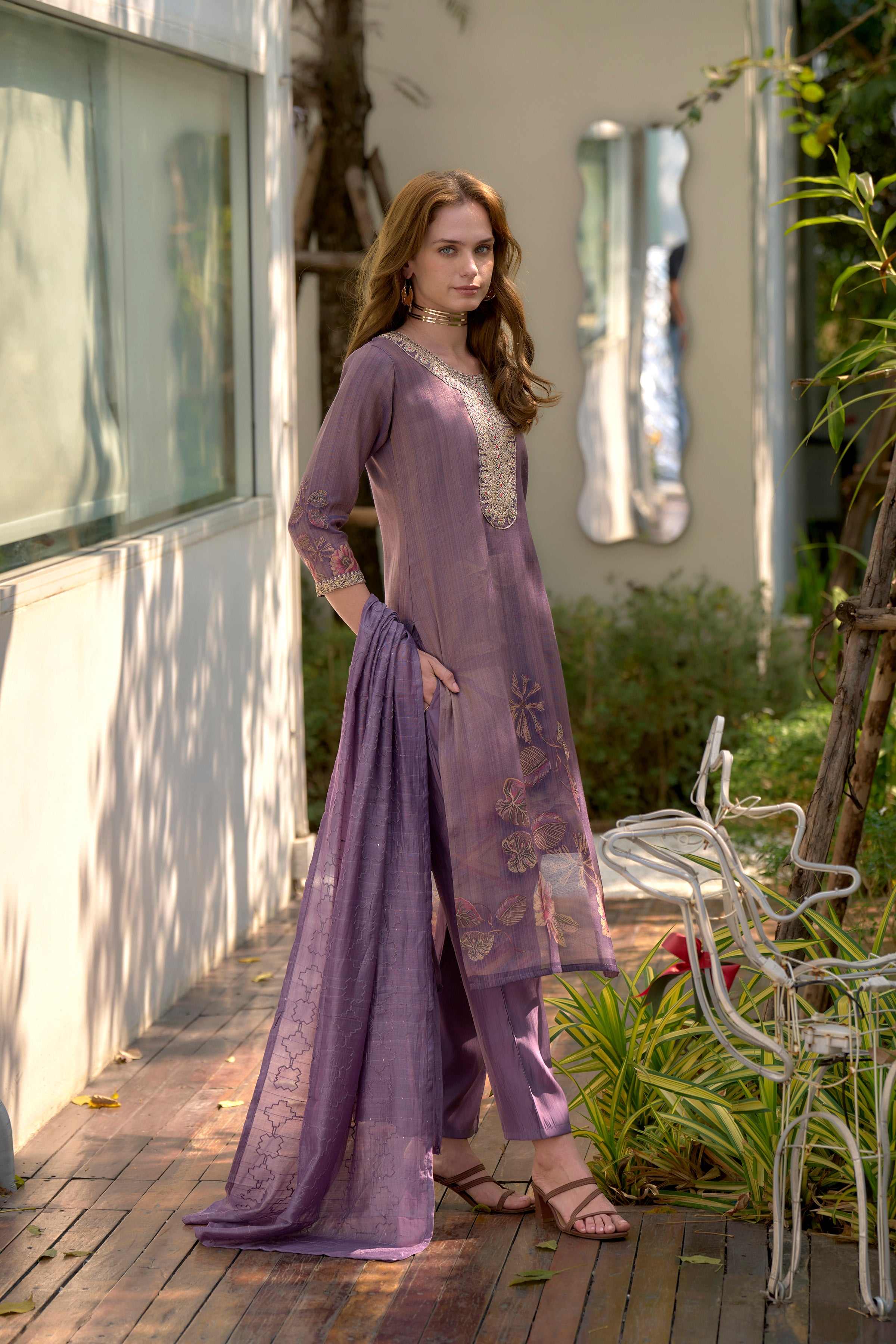 Floral Tissue Straight Kurti Pant Dupatta Set | RoopRivaaj