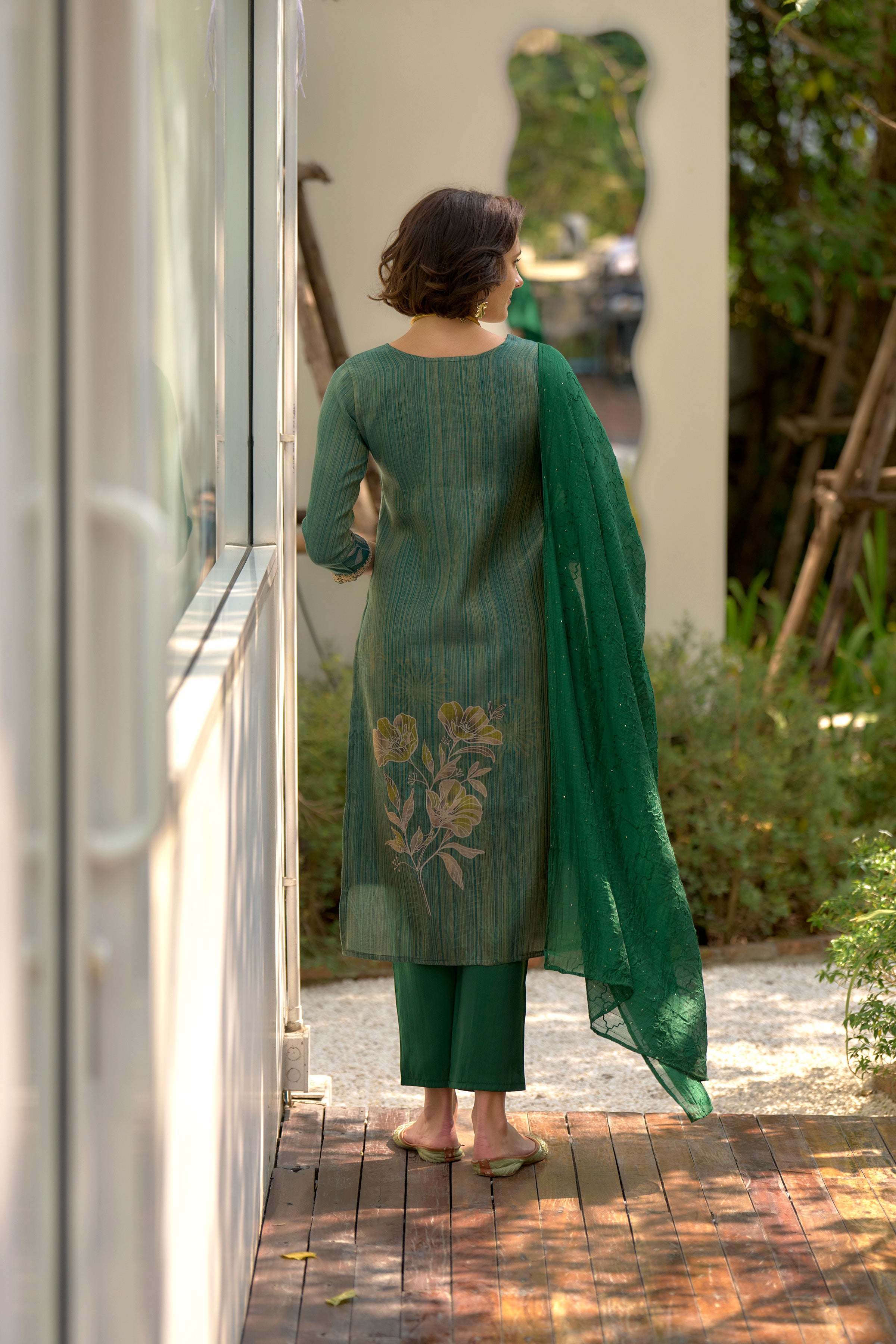 Tissue Floral Embroidered Kurti Pant Dupatta Set | RoopRivaaj