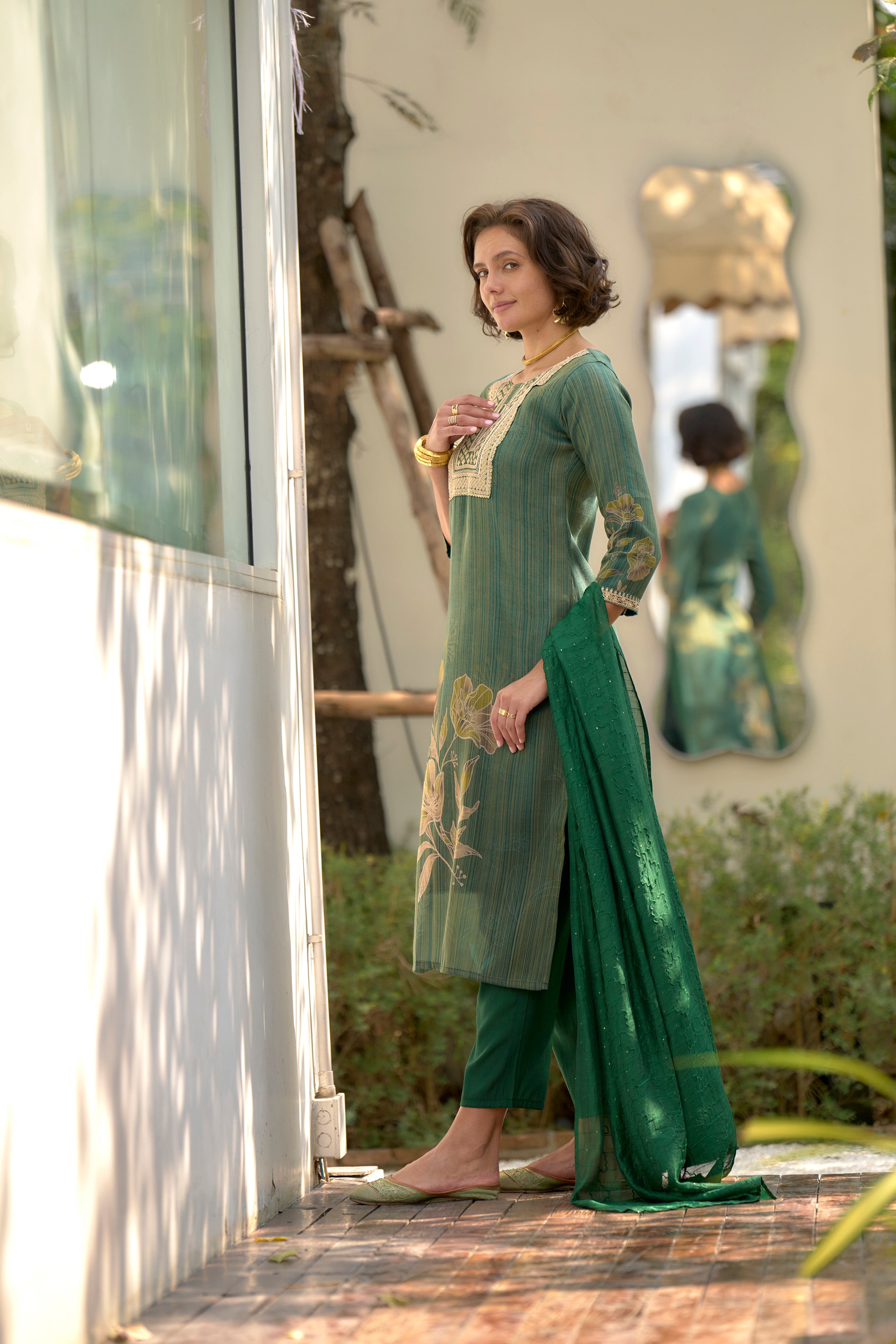 Tissue Floral Embroidered Kurti Pant Dupatta Set | RoopRivaaj