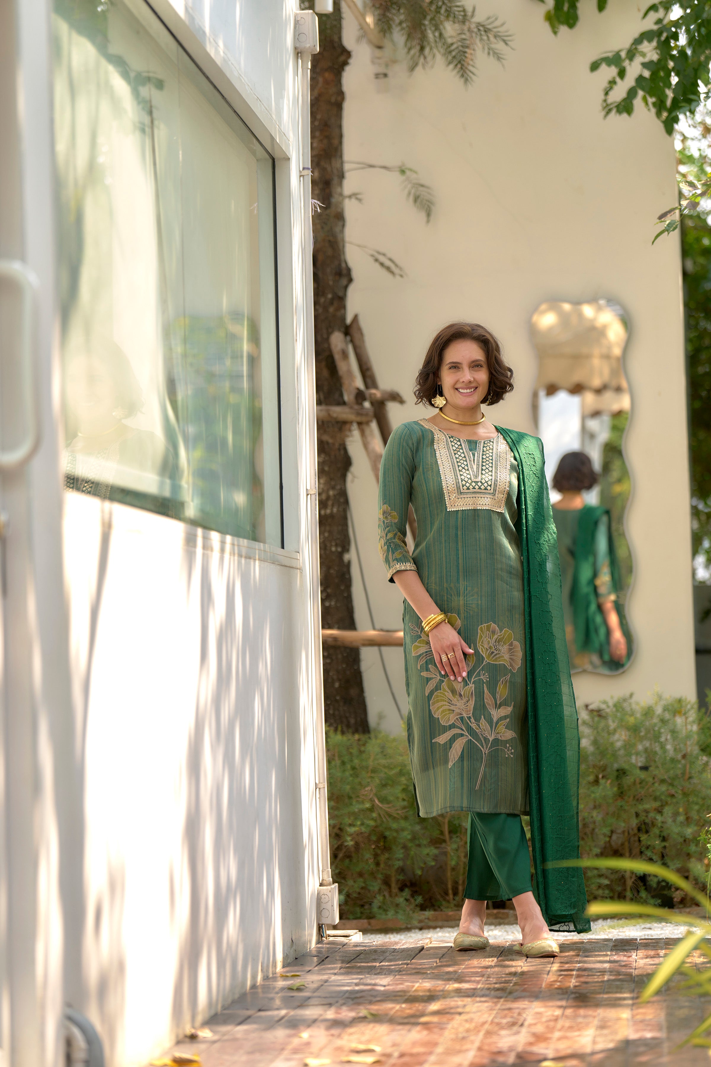 Tissue Floral Embroidered Kurti Pant Dupatta Set | RoopRivaaj