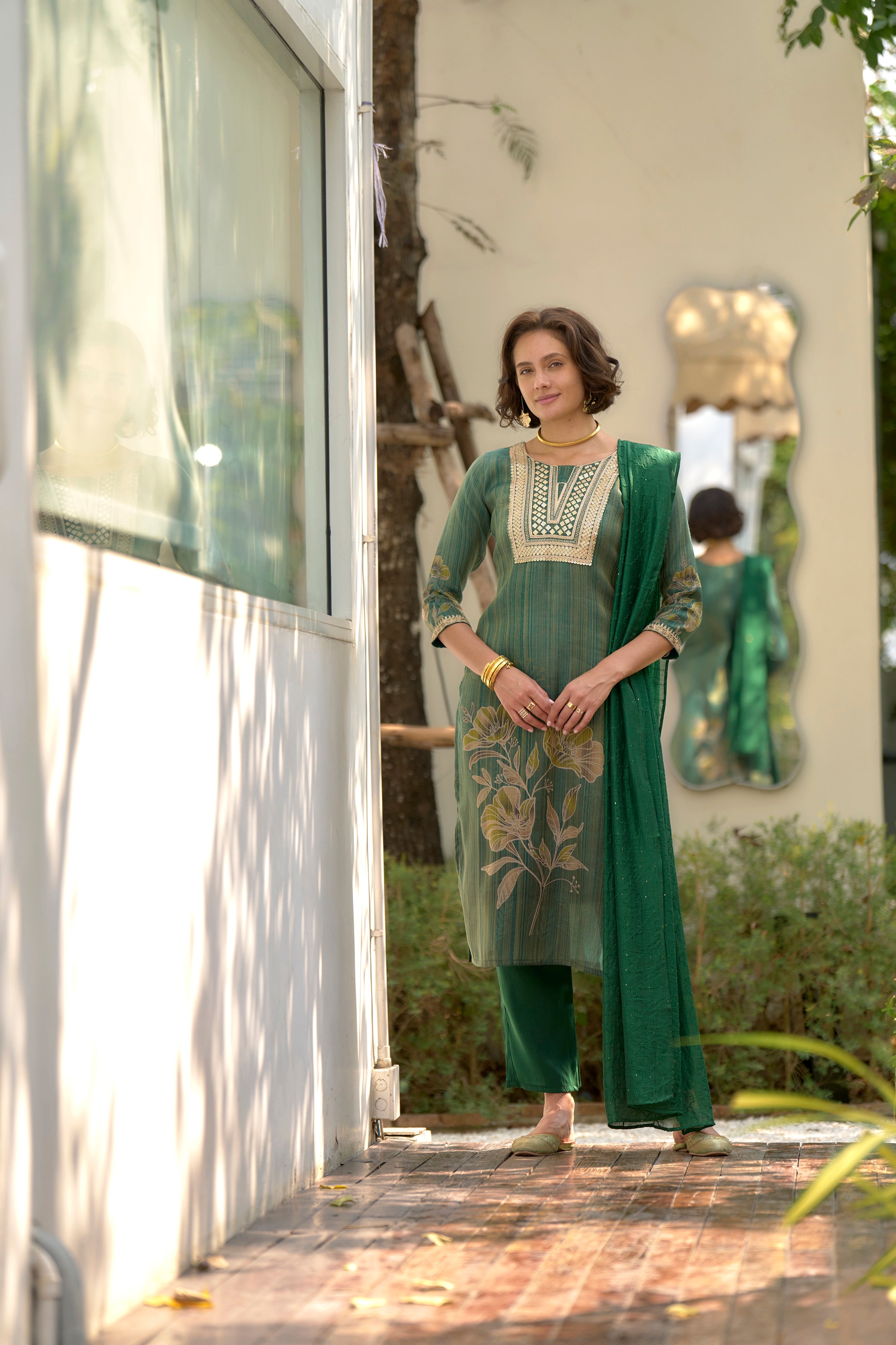 Tissue Floral Embroidered Kurti Pant Dupatta Set | RoopRivaaj