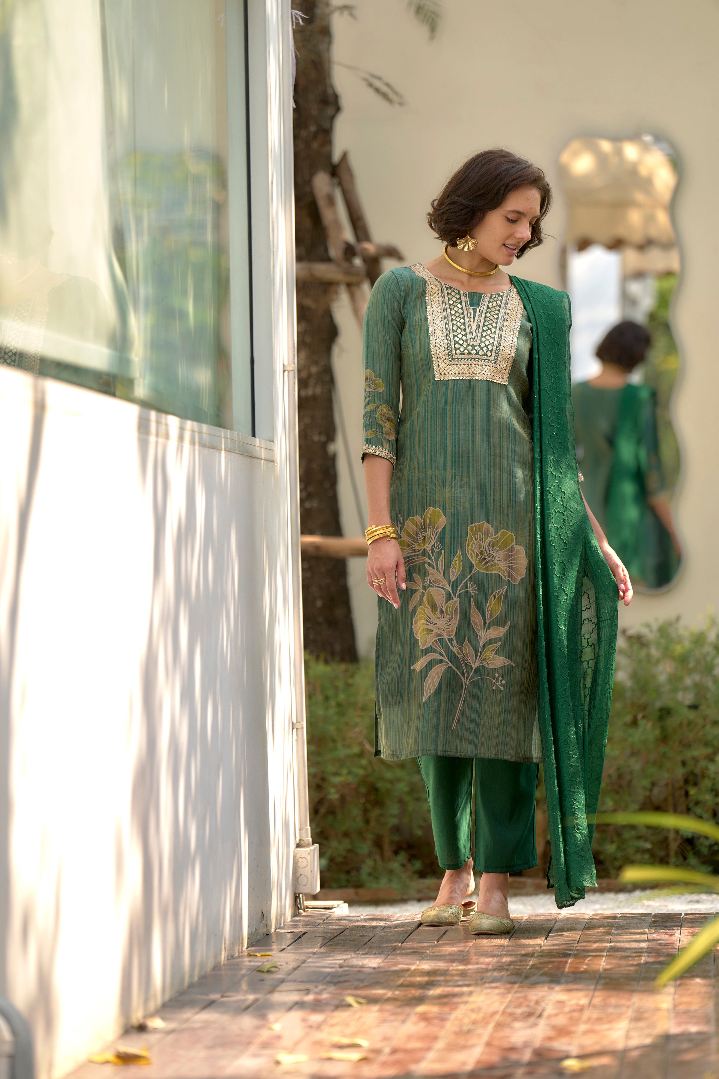 Tissue Floral Embroidered Kurti Pant Dupatta Set | RoopRivaaj