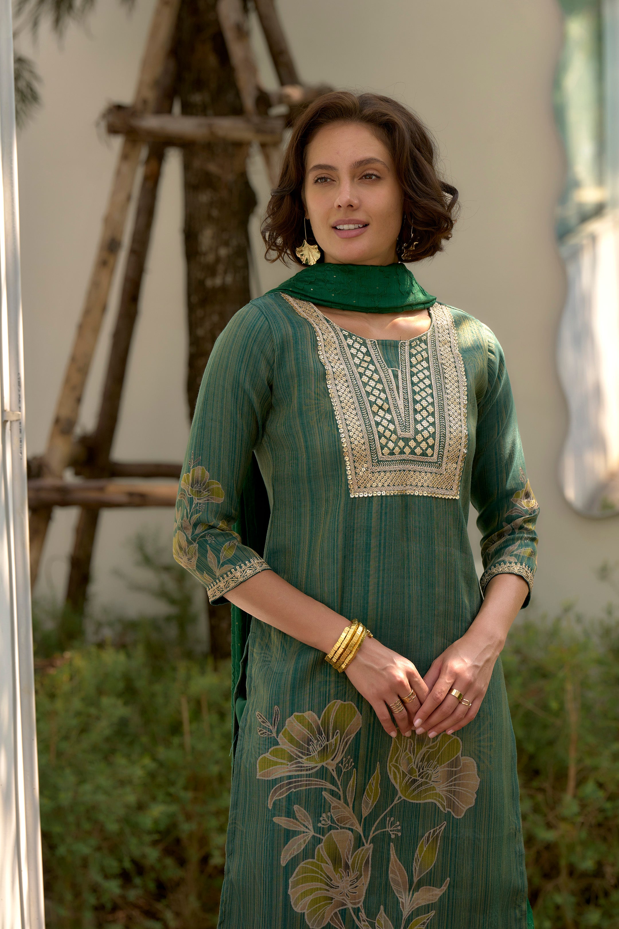Tissue Floral Embroidered Kurti Pant Dupatta Set | RoopRivaaj
