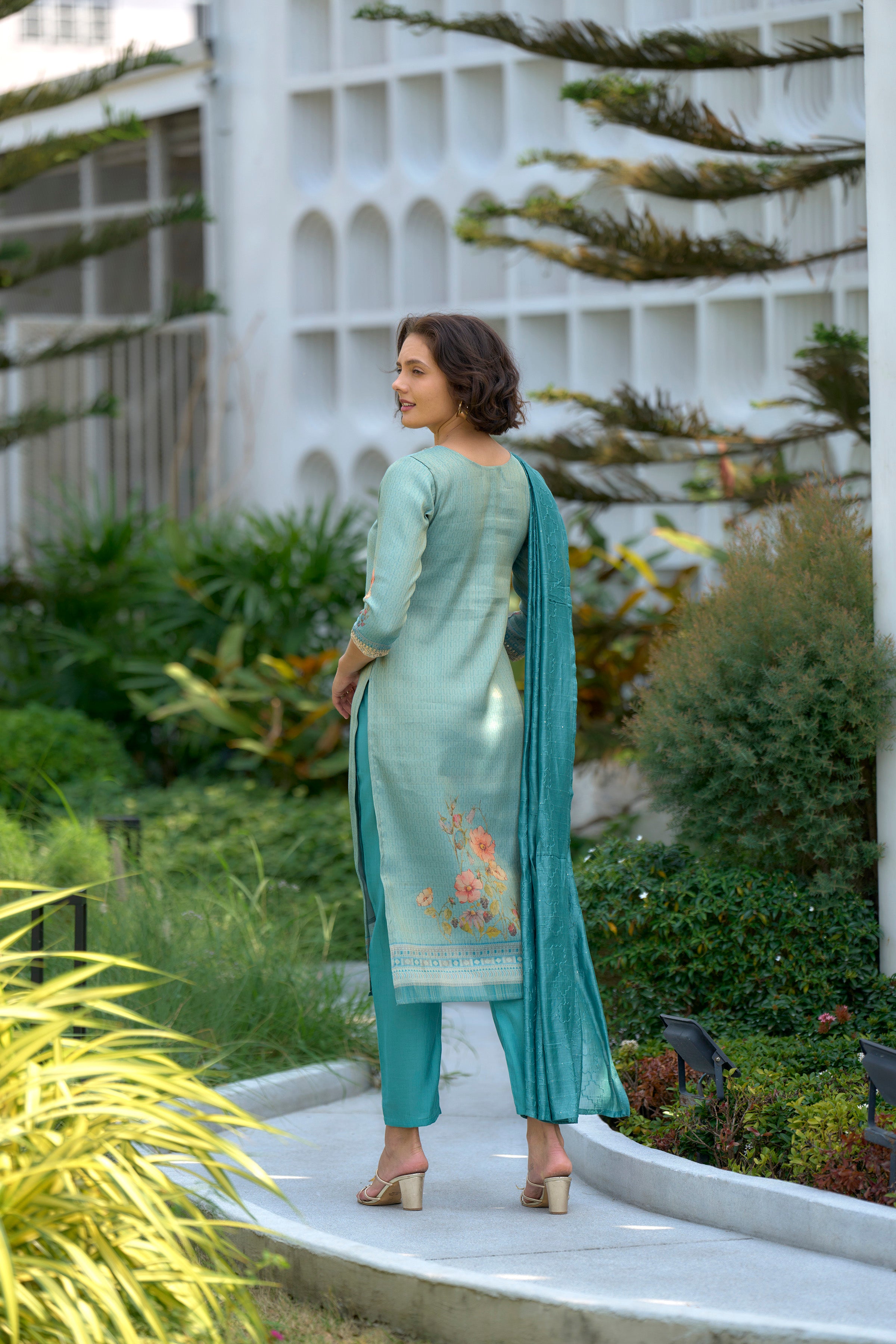 Sea-Green Floral Tissue Kurti Pant Dupatta Set | RoopRivaaj