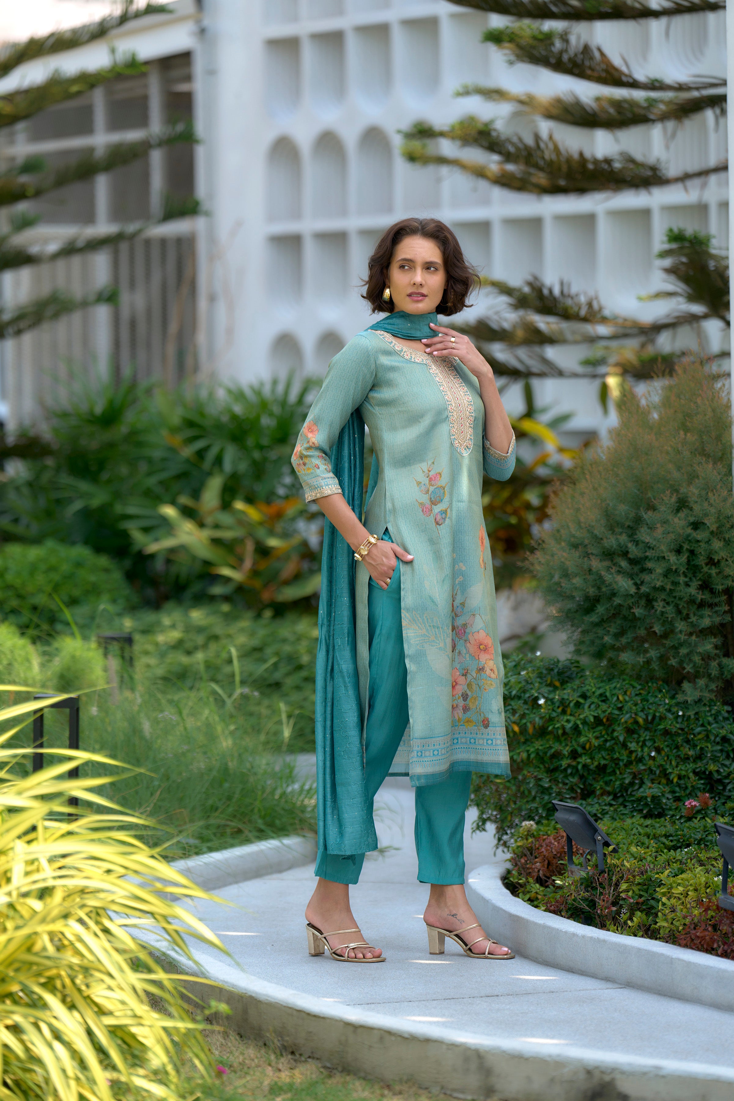 Sea-Green Floral Tissue Kurti Pant Dupatta Set | RoopRivaaj