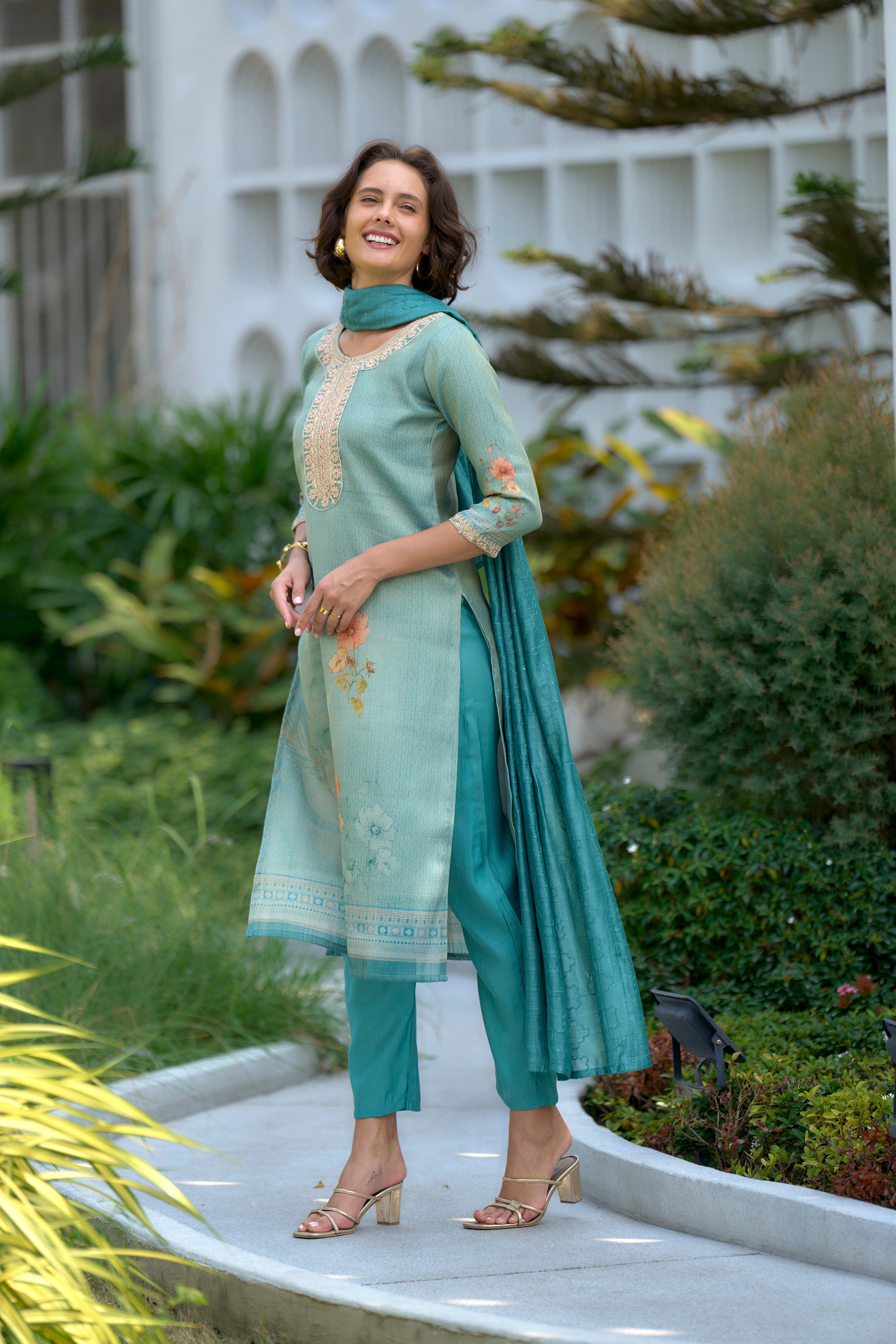 Sea-Green Floral Tissue Kurti Pant Dupatta Set | RoopRivaaj