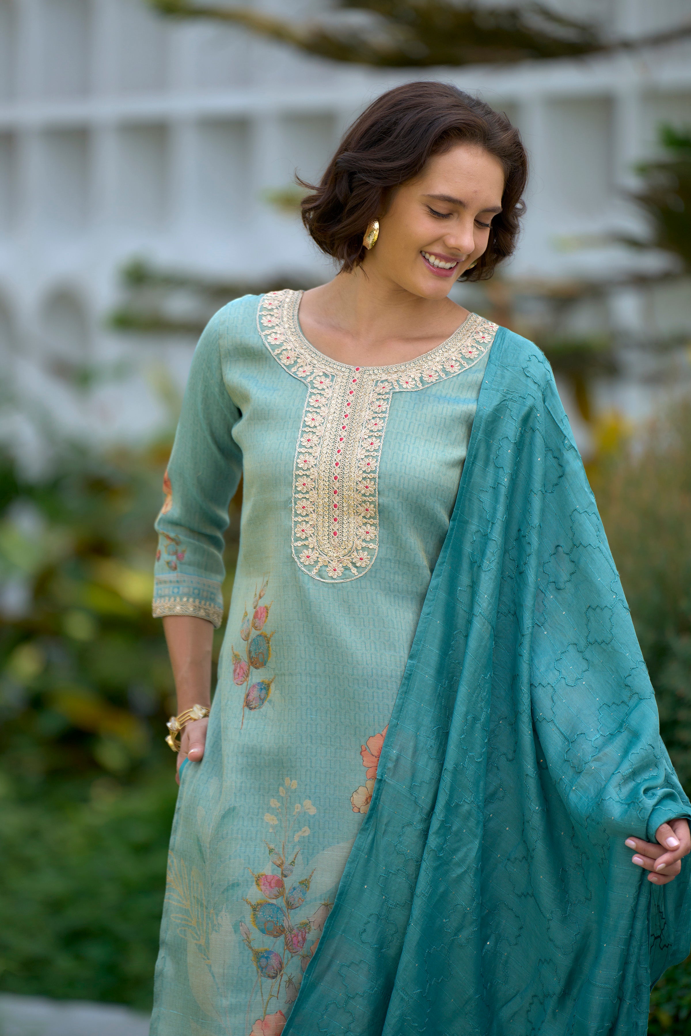 Sea-Green Floral Tissue Kurti Pant Dupatta Set | RoopRivaaj