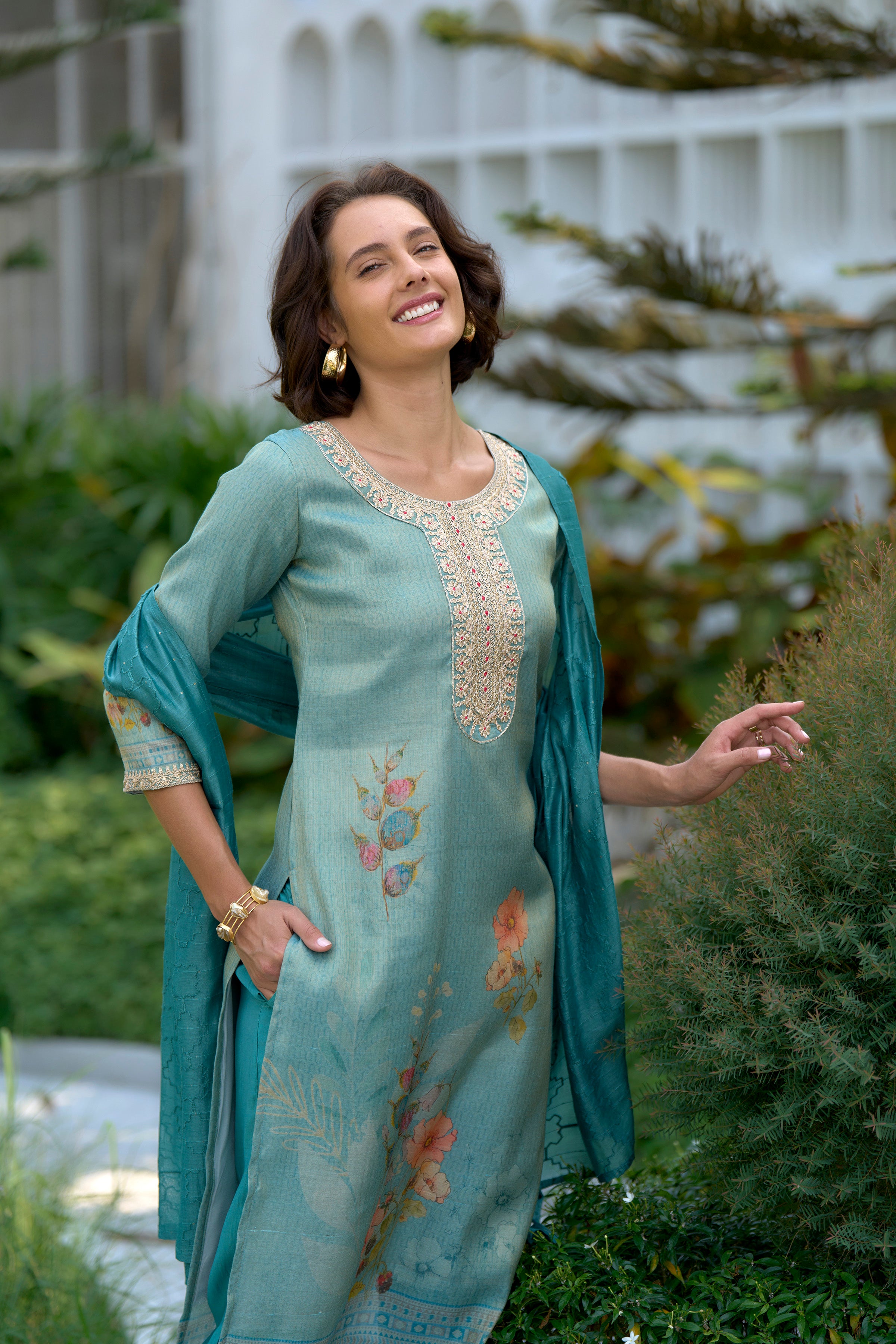 Sea-Green Floral Tissue Kurti Pant Dupatta Set | RoopRivaaj