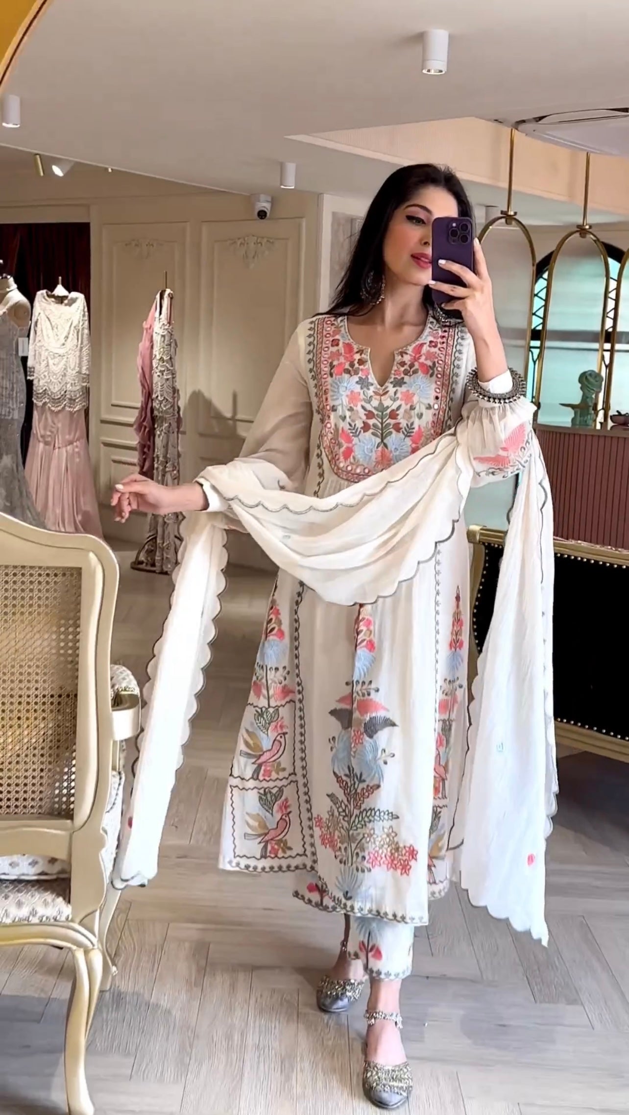Designer Partywear Embroidered Top Plazzo Set with Cutwork Dupatta | RoopRivaaj