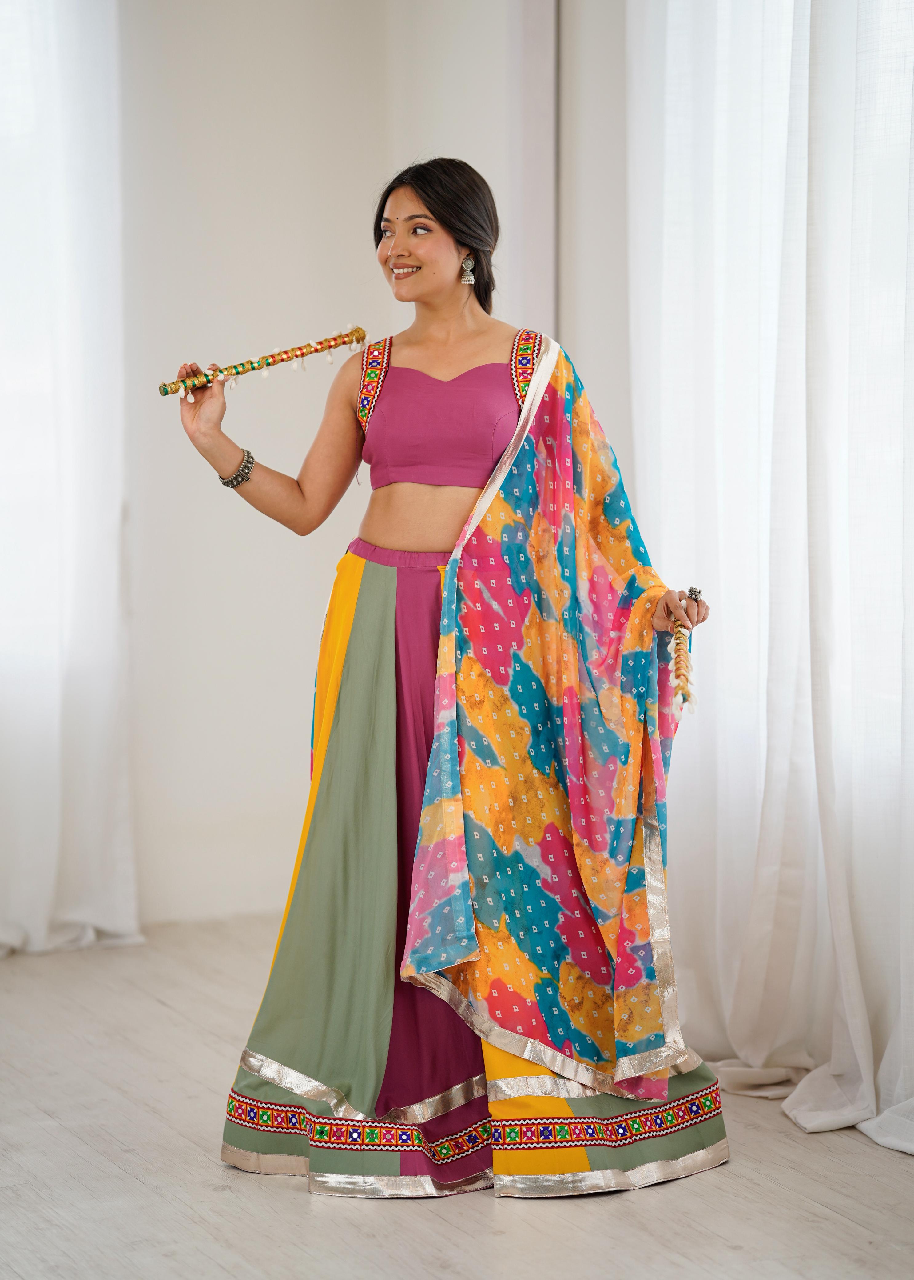 Gamthi Mirror Work Rayon Navratri Lehenga Choli Set with Printed Dupatta | RoopRivaaj