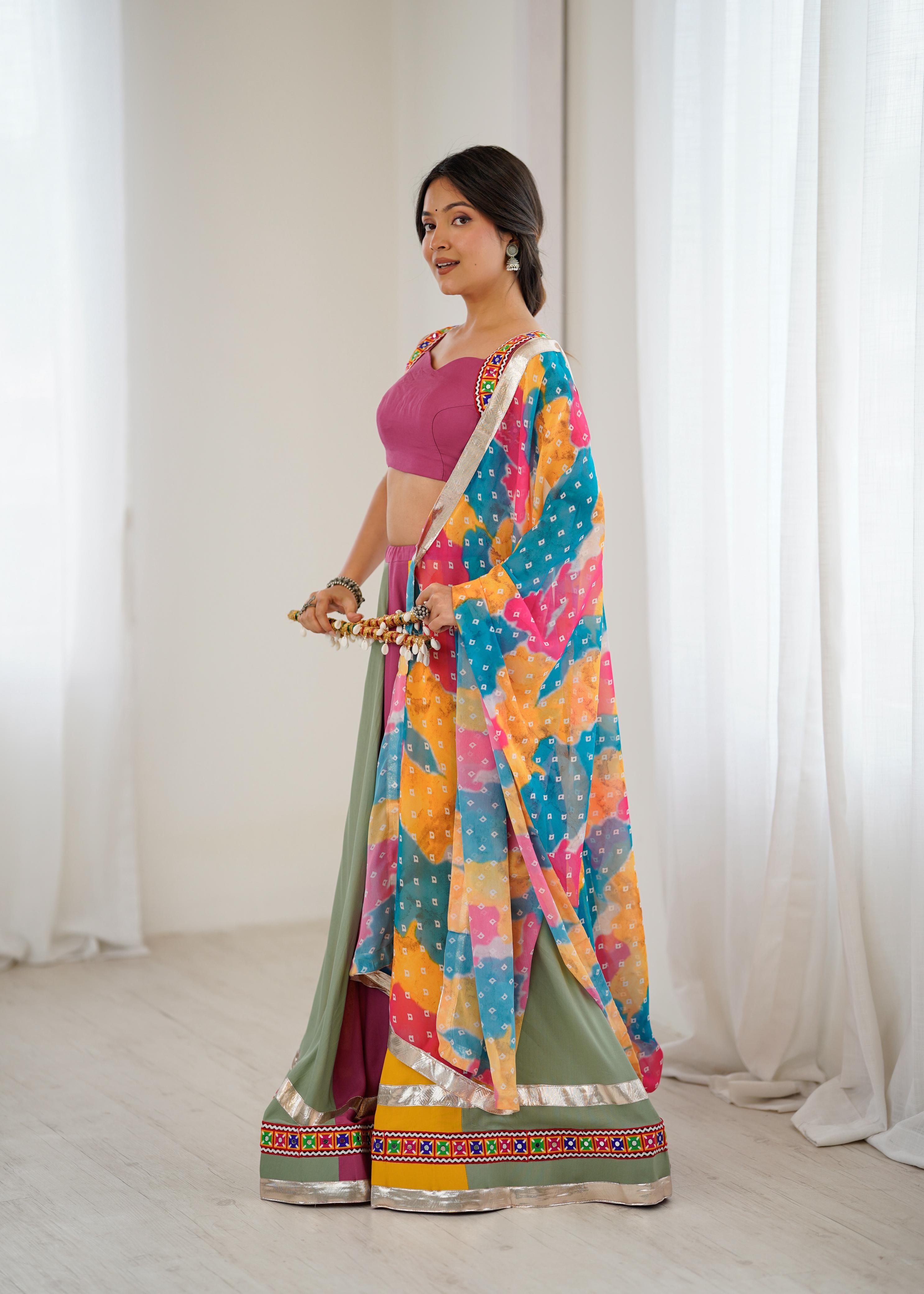 Gamthi Mirror Work Rayon Navratri Lehenga Choli Set with Printed Dupatta | RoopRivaaj