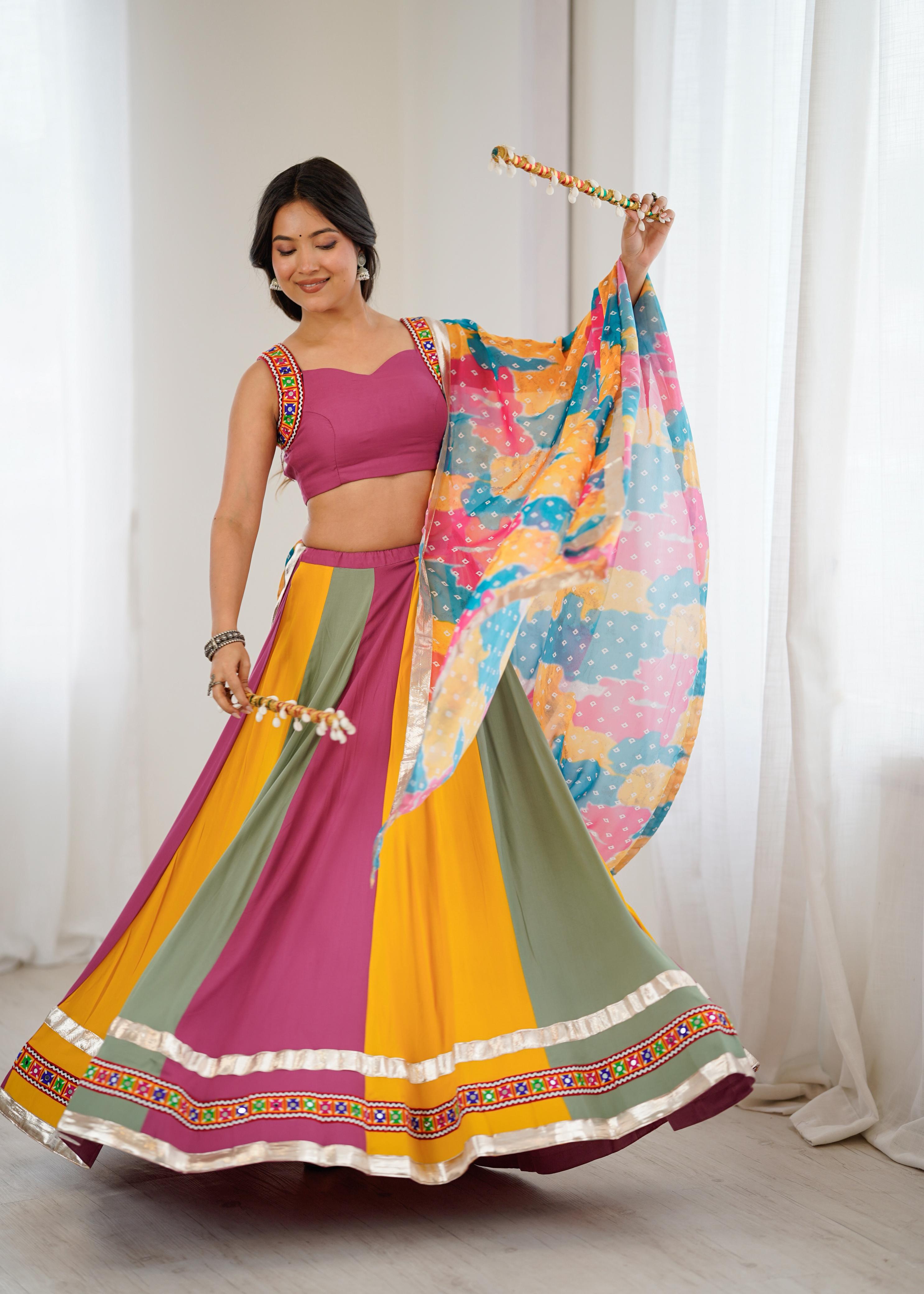 Gamthi Mirror Work Rayon Navratri Lehenga Choli Set with Printed Dupatta | RoopRivaaj