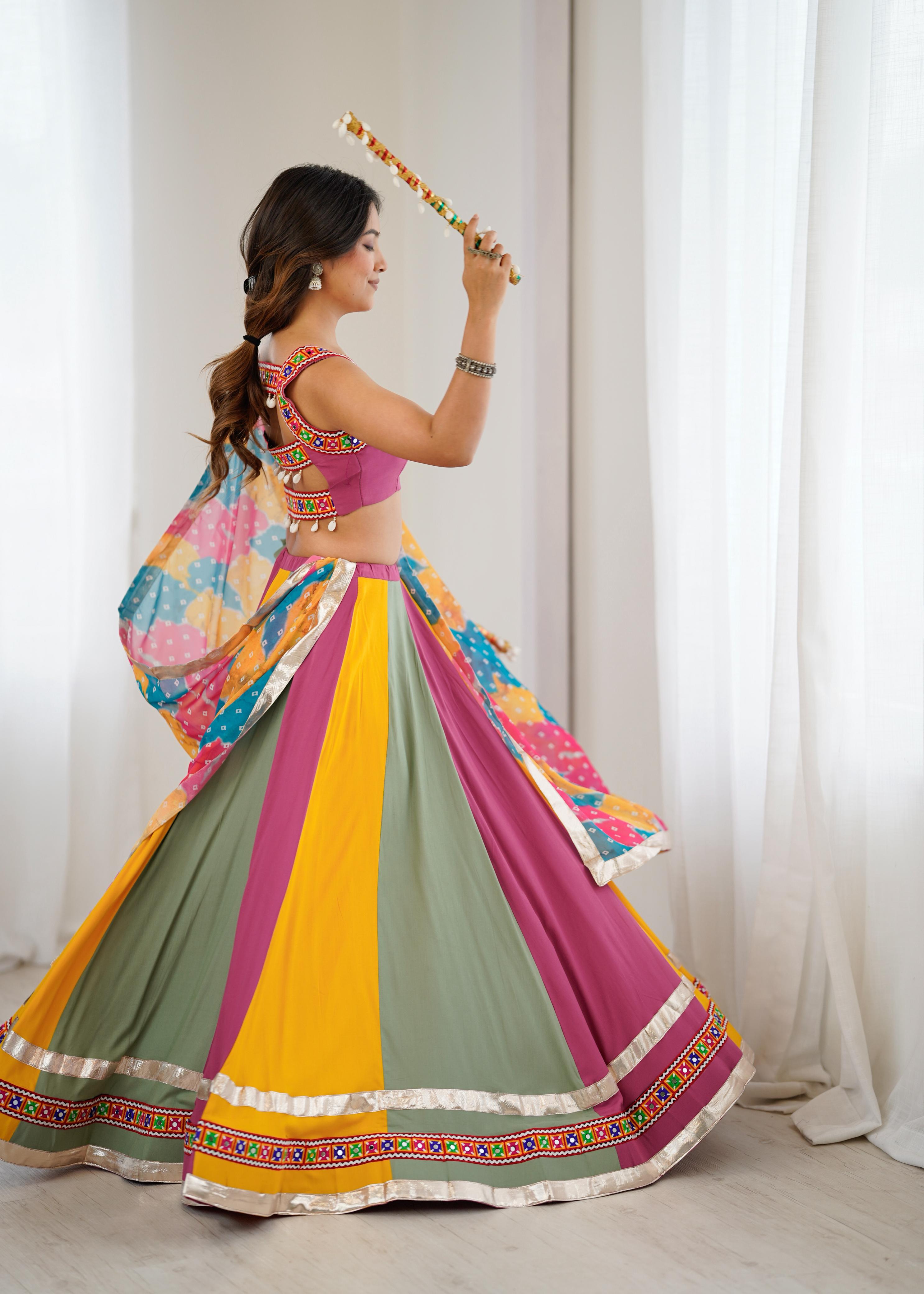 Gamthi Mirror Work Rayon Navratri Lehenga Choli Set with Printed Dupatta | RoopRivaaj