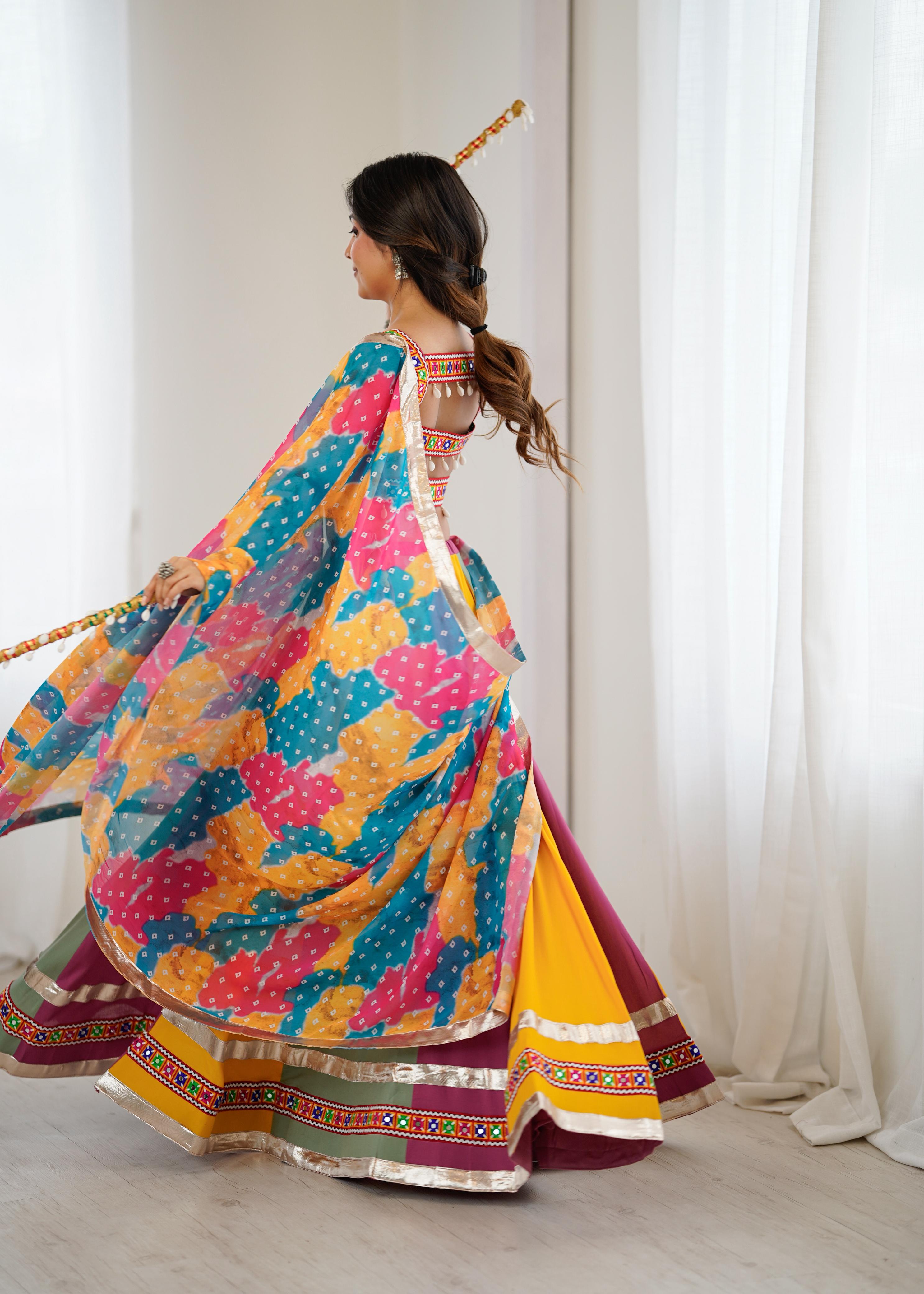 Gamthi Mirror Work Rayon Navratri Lehenga Choli Set with Printed Dupatta | RoopRivaaj