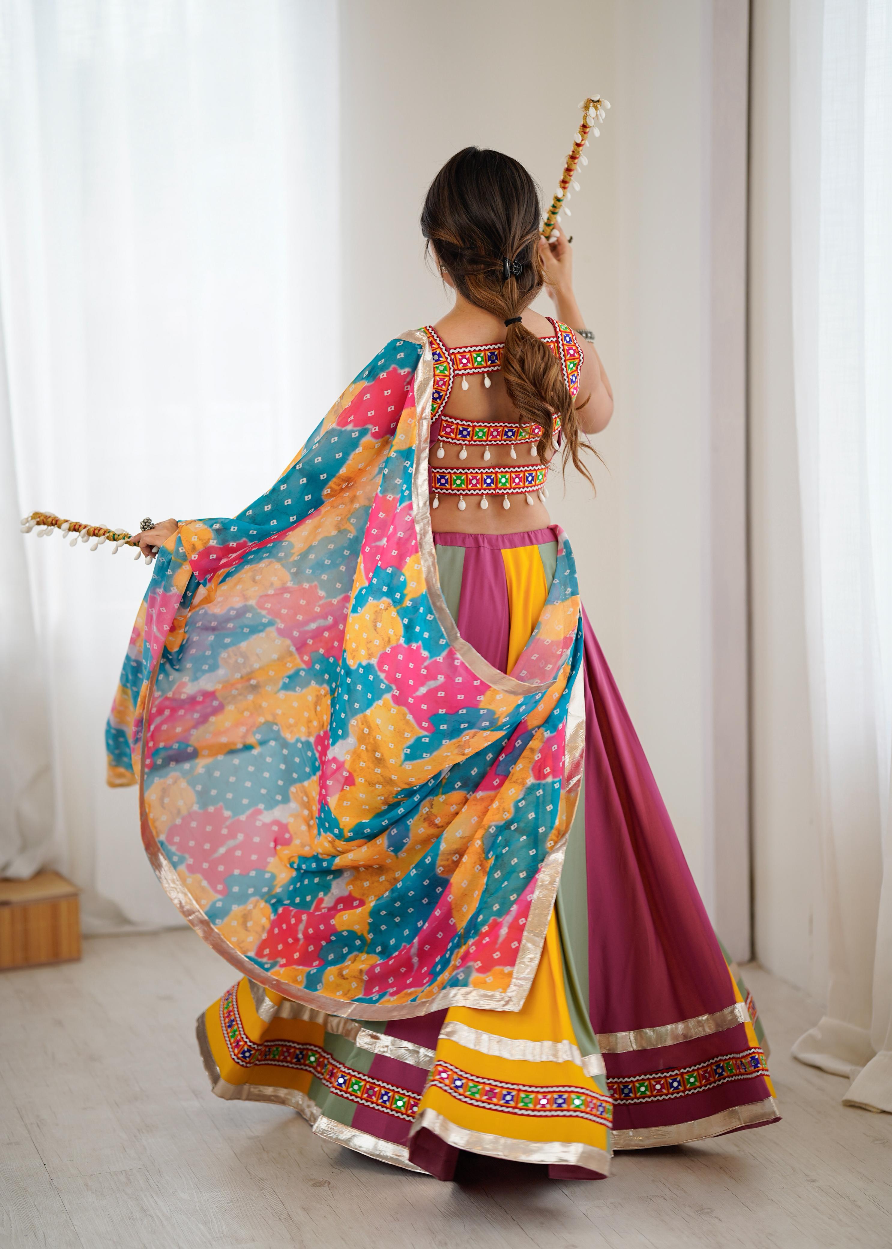 Gamthi Mirror Work Rayon Navratri Lehenga Choli Set with Printed Dupatta | RoopRivaaj