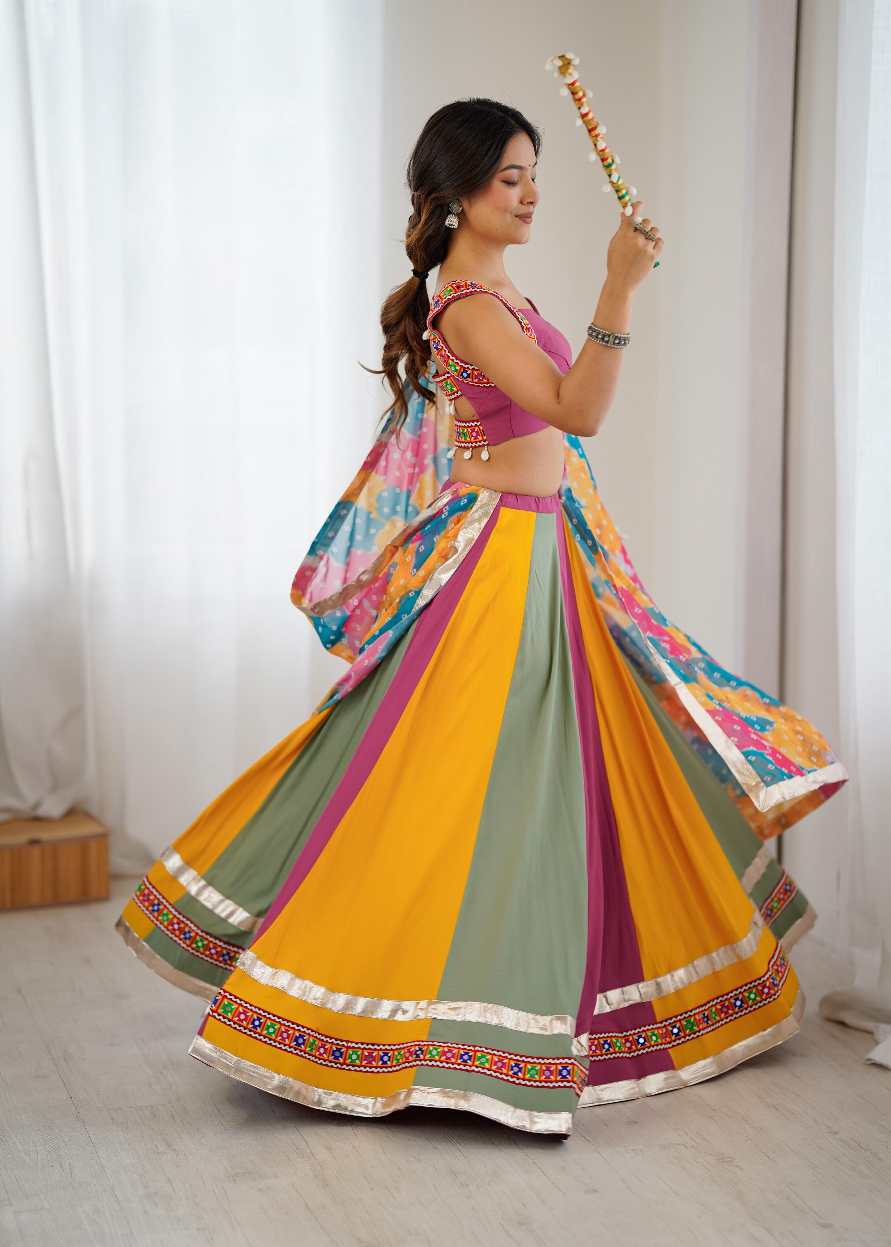 Gamthi Mirror Work Rayon Navratri Lehenga Choli Set with Printed Dupatta | RoopRivaaj
