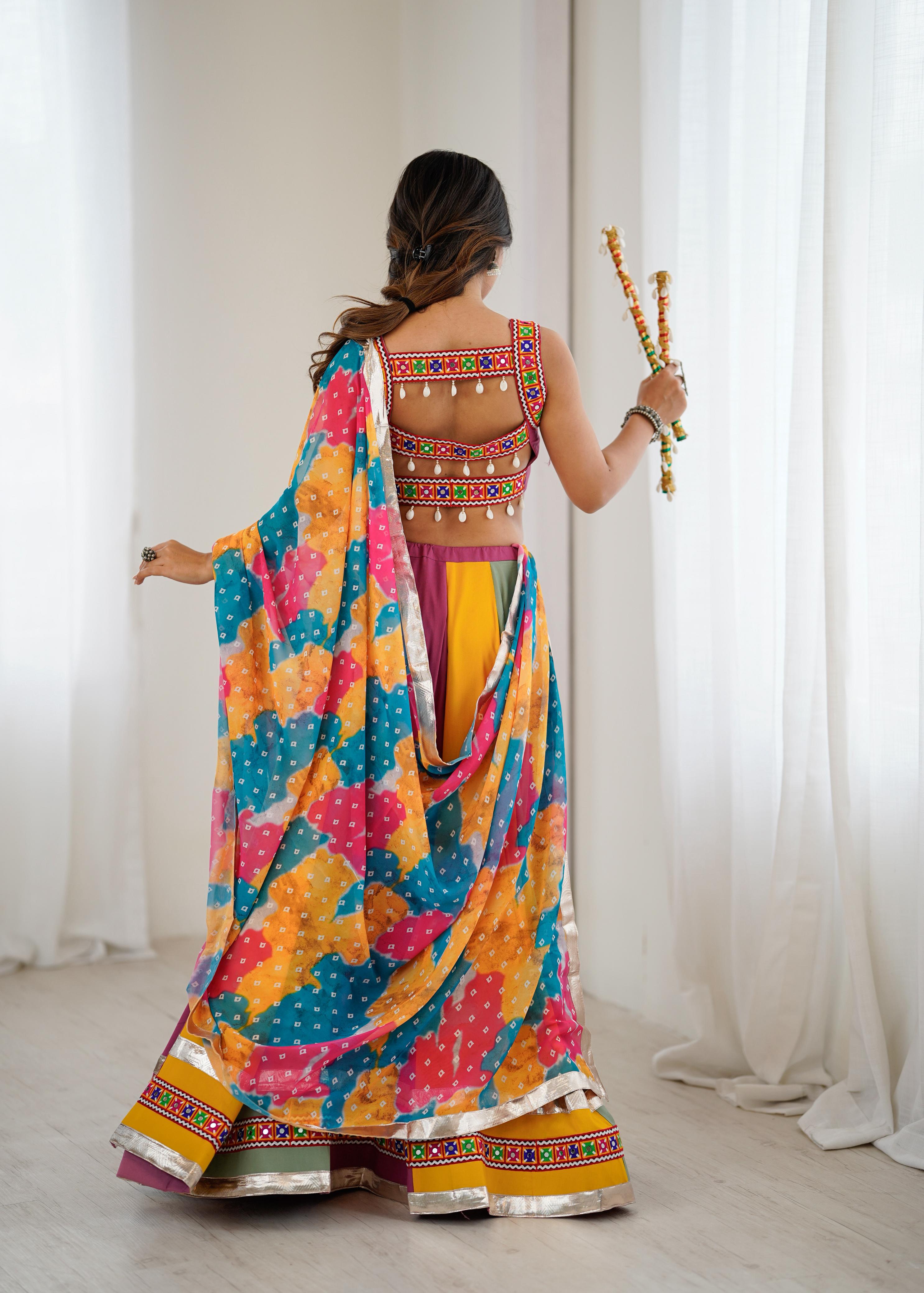 Gamthi Mirror Work Rayon Navratri Lehenga Choli Set with Printed Dupatta | RoopRivaaj