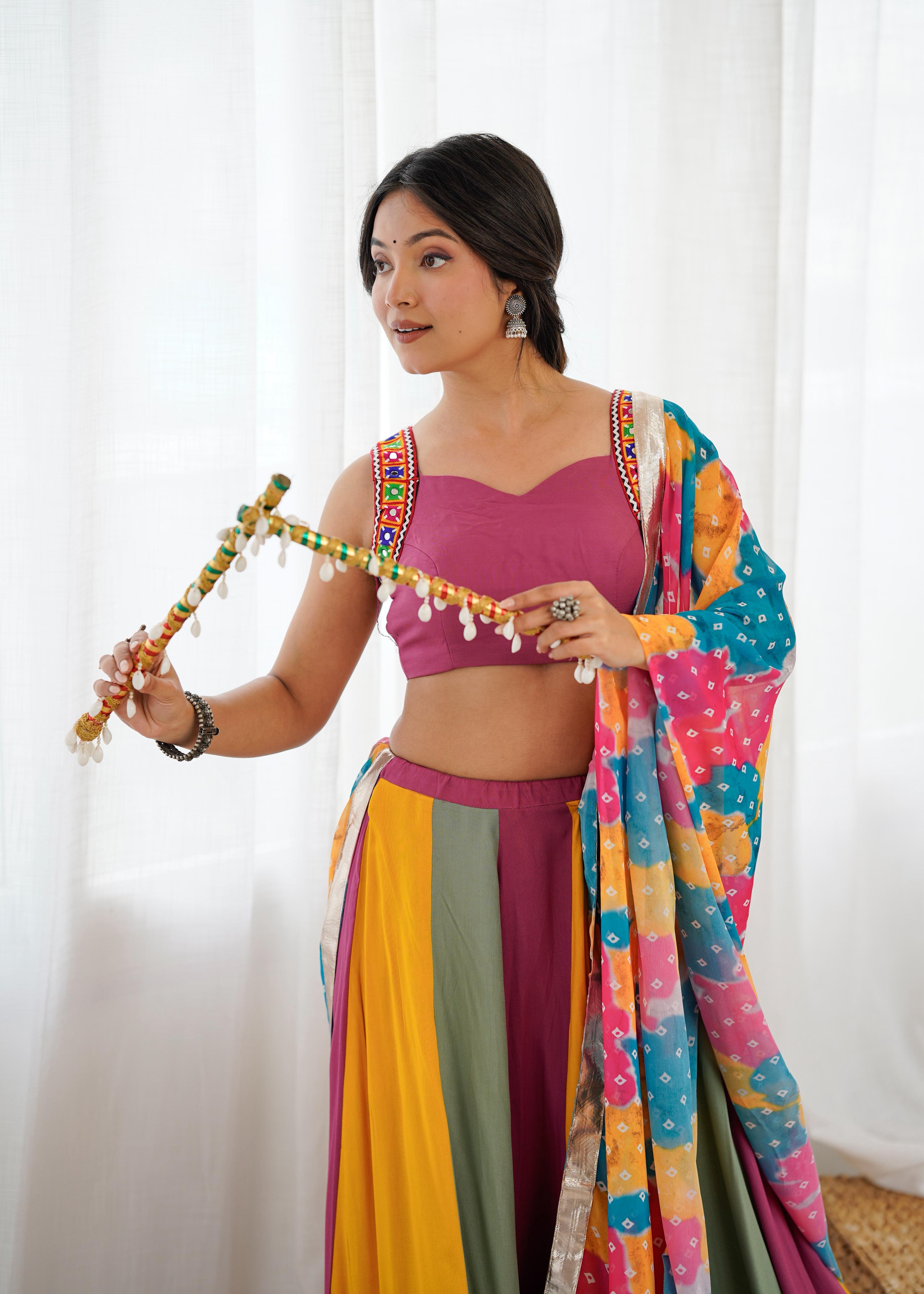 Gamthi Mirror Work Rayon Navratri Lehenga Choli Set with Printed Dupatta | RoopRivaaj