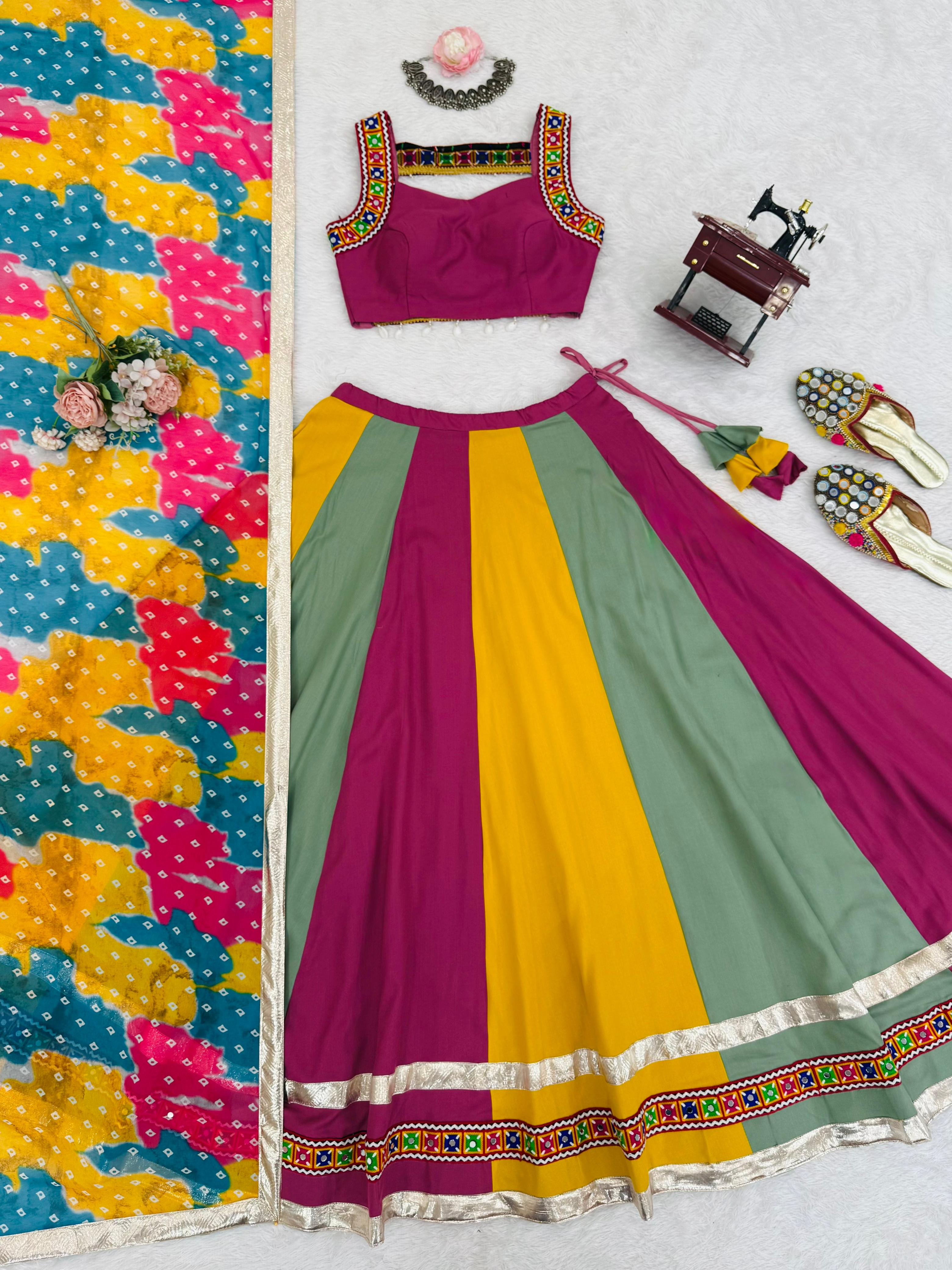 Gamthi Mirror Work Rayon Navratri Lehenga Choli Set with Printed Dupatta | RoopRivaaj