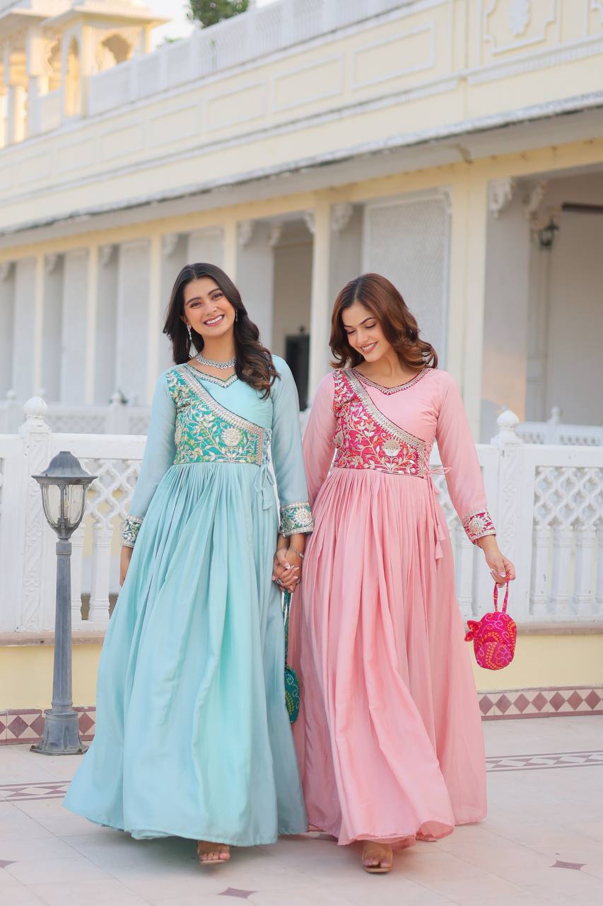 Bandhej Anarkali Long Gown with Attached Jacket and Hand Purse | RoopRivaaj