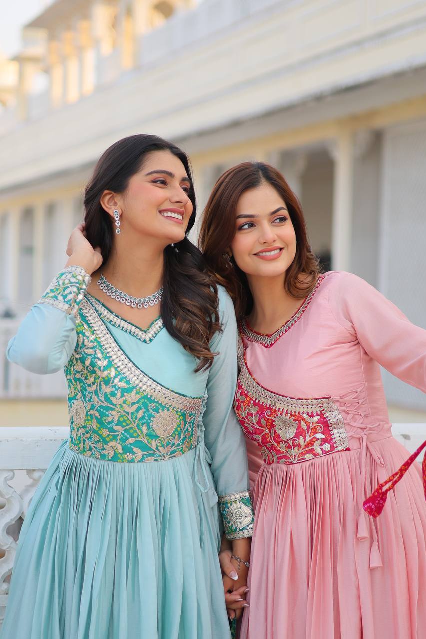 Bandhej Anarkali Long Gown with Attached Jacket and Hand Purse | RoopRivaaj