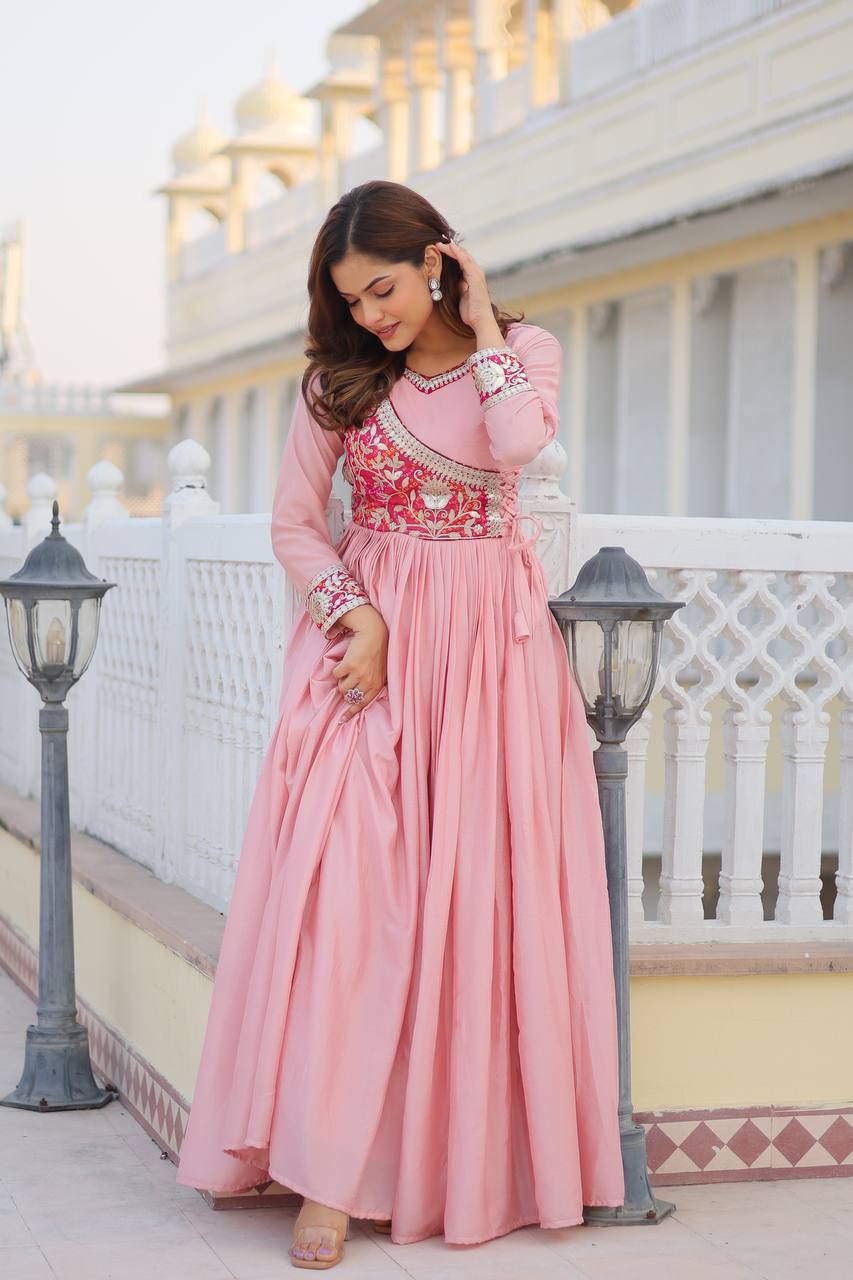 Bandhej Anarkali Long Gown with Attached Jacket and Hand Purse | RoopRivaaj