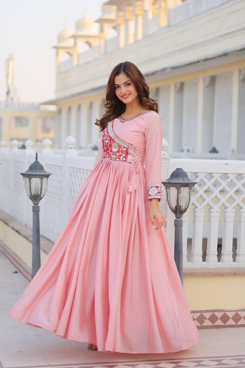 Bandhej Anarkali Long Gown with Attached Jacket and Hand Purse | RoopRivaaj