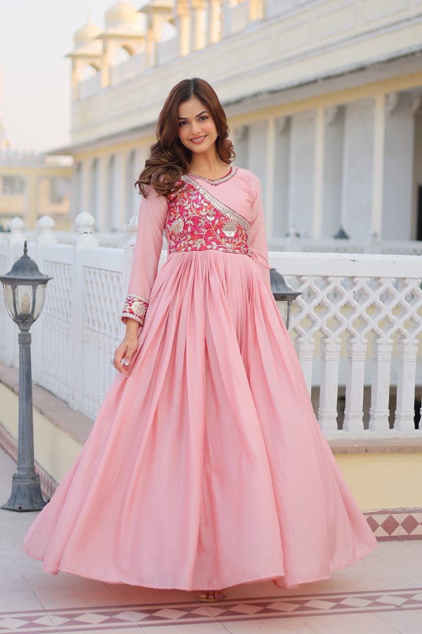 Bandhej Anarkali Long Gown with Attached Jacket and Hand Purse | RoopRivaaj