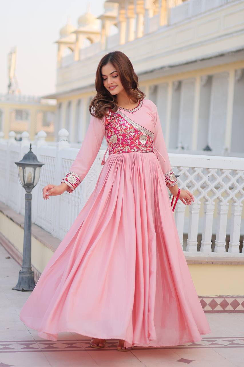 Bandhej Anarkali Long Gown with Attached Jacket and Hand Purse | RoopRivaaj