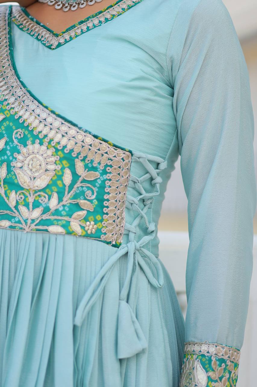 Bandhej Anarkali Long Gown with Attached Jacket and Hand Purse | RoopRivaaj