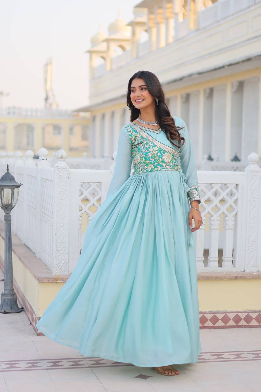 Bandhej Anarkali Long Gown with Attached Jacket and Hand Purse | RoopRivaaj