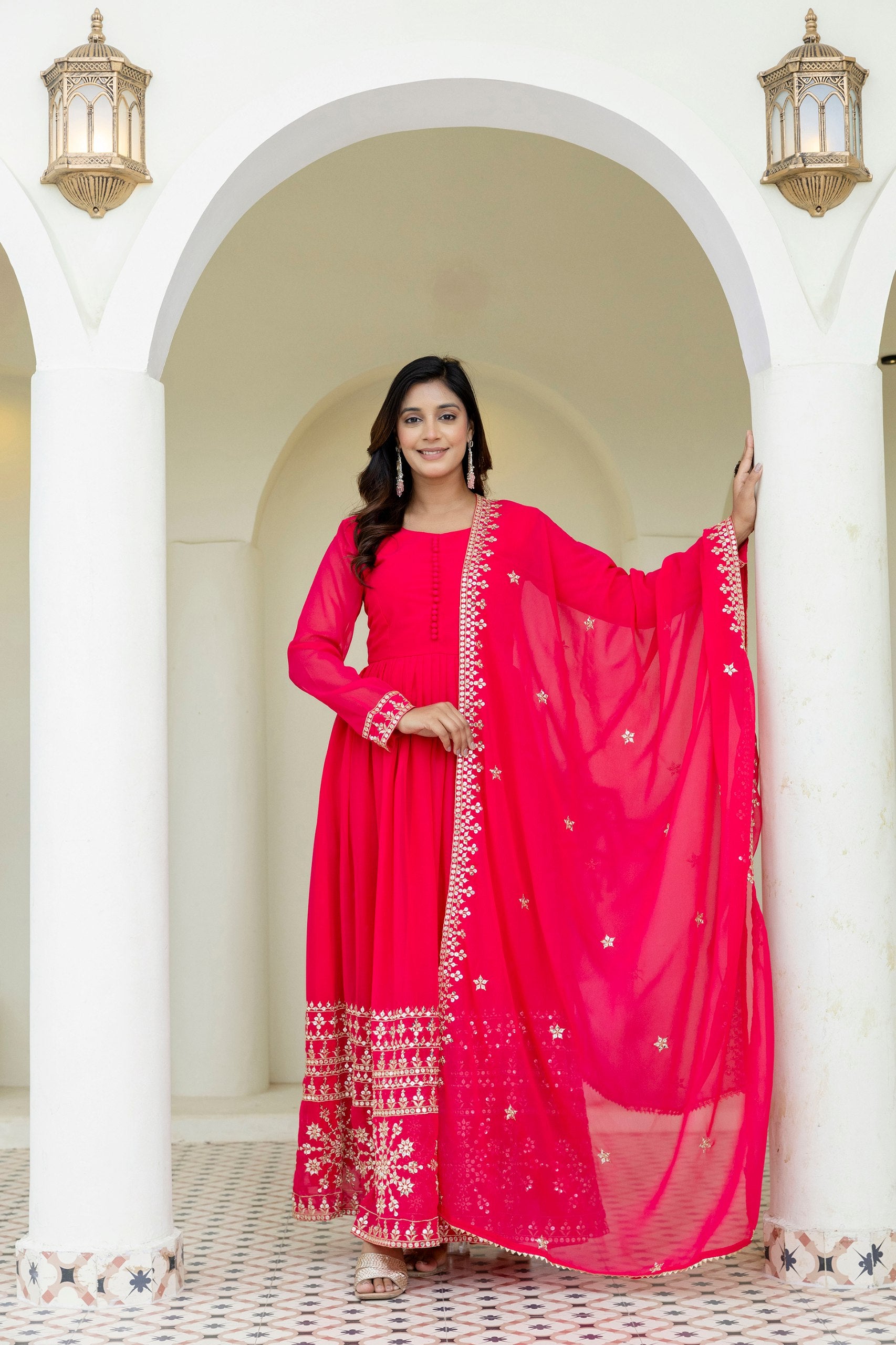 Zari & Sequins Embroidered Georgette Gown Set | RoopRivaaj