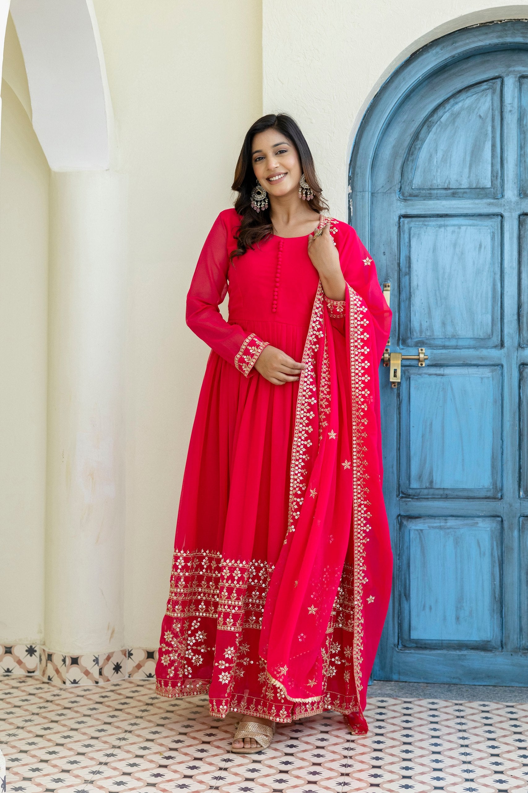 Zari & Sequins Embroidered Georgette Gown Set | RoopRivaaj