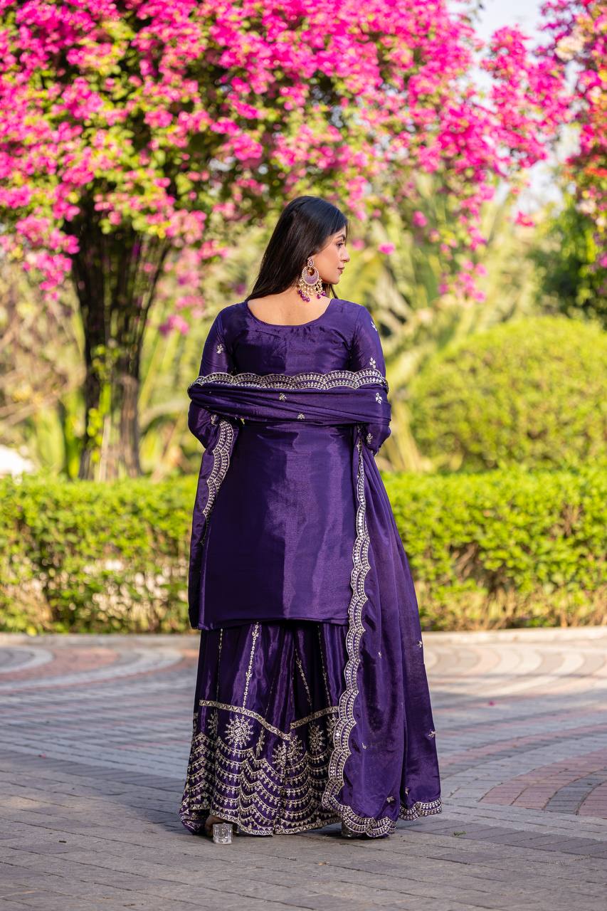 Designer Chinon Kurti Plazzo Set with Embroidered Dupatta | RoopRivaaj