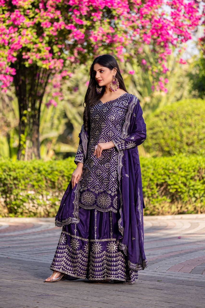 Designer Chinon Kurti Plazzo Set with Embroidered Dupatta | RoopRivaaj