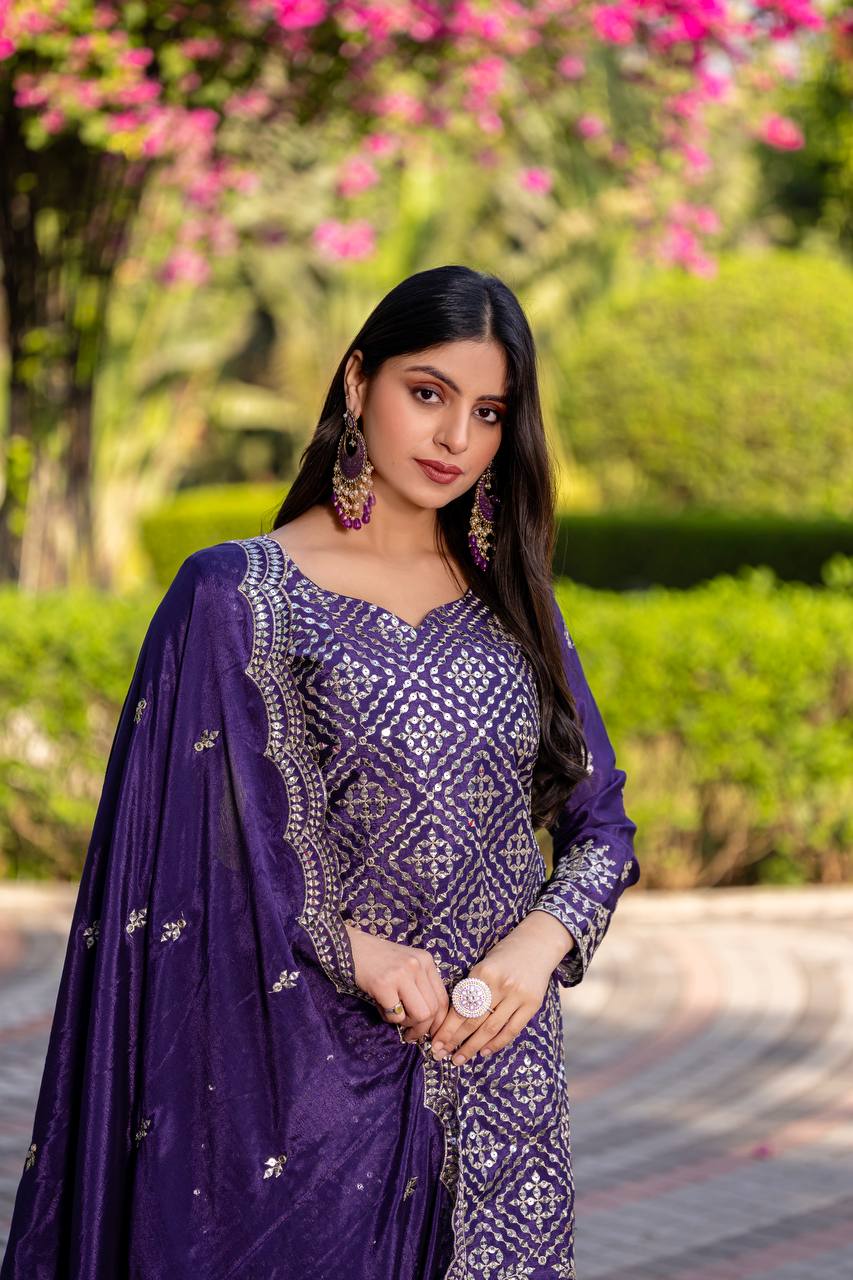 Designer Chinon Kurti Plazzo Set with Embroidered Dupatta | RoopRivaaj