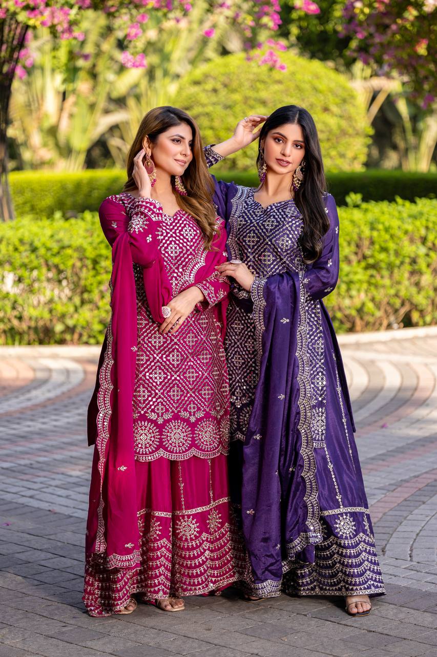 Designer Chinon Kurti Plazzo Set with Embroidered Dupatta | RoopRivaaj