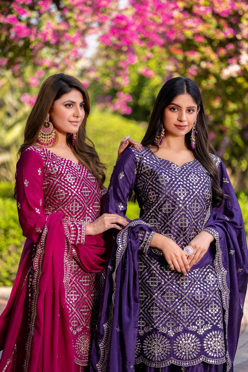 Designer Chinon Kurti Plazzo Set with Embroidered Dupatta | RoopRivaaj