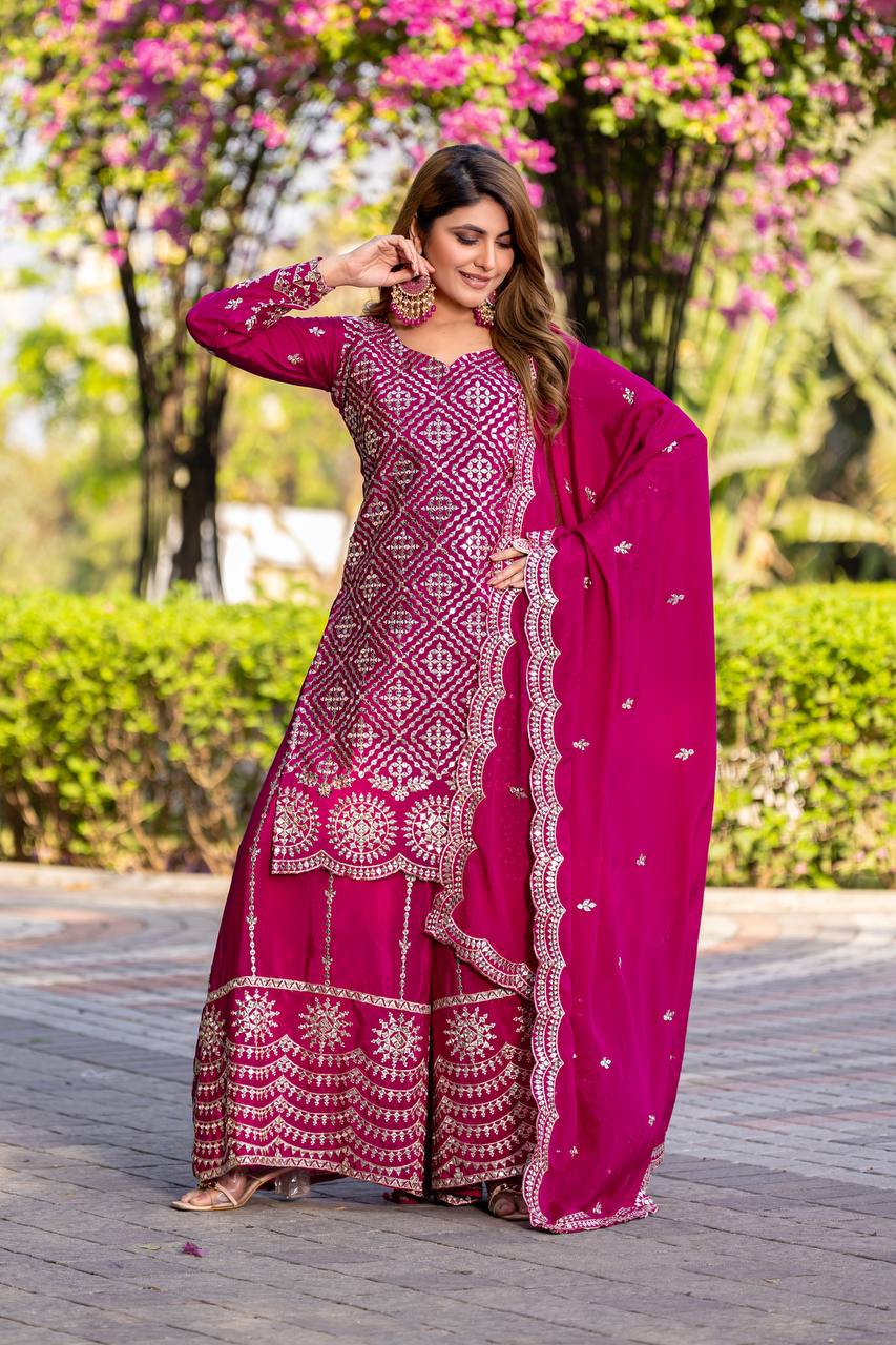 Designer Chinon Kurti Plazzo Set with Embroidered Dupatta | RoopRivaaj