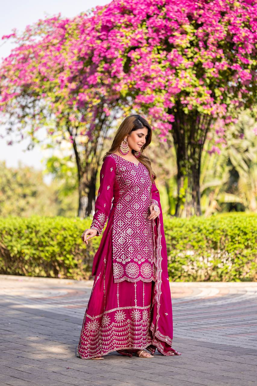 Designer Chinon Kurti Plazzo Set with Embroidered Dupatta | RoopRivaaj