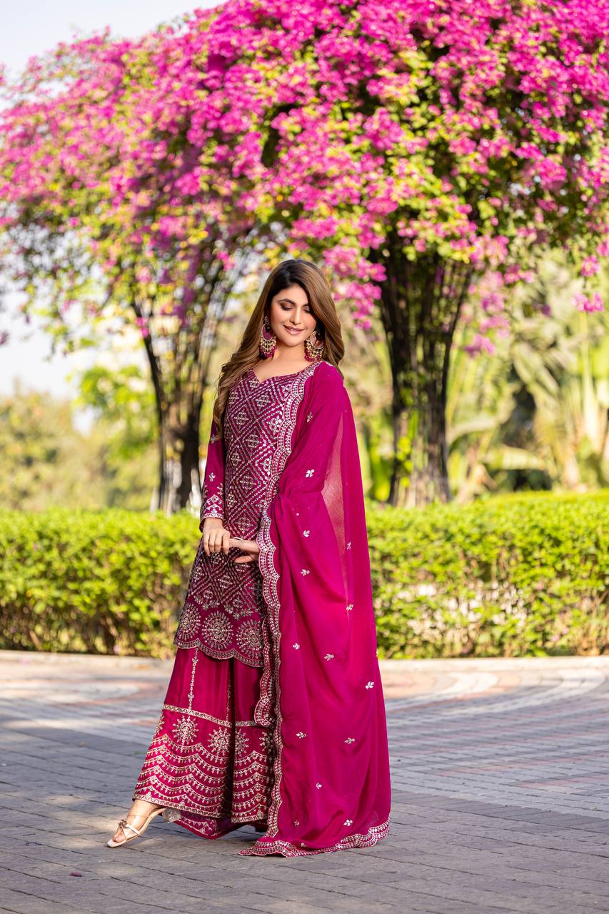 Designer Chinon Kurti Plazzo Set with Embroidered Dupatta | RoopRivaaj