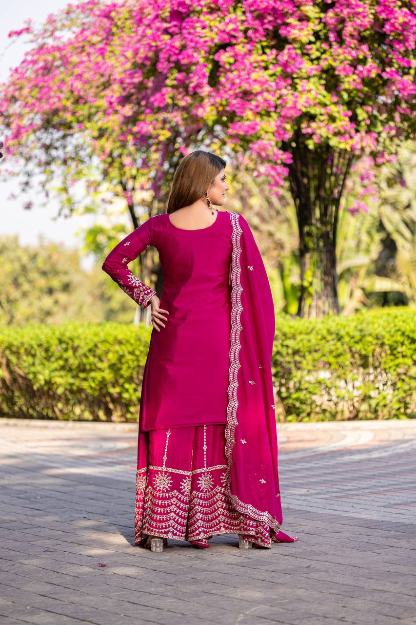 Designer Chinon Kurti Plazzo Set with Embroidered Dupatta | RoopRivaaj
