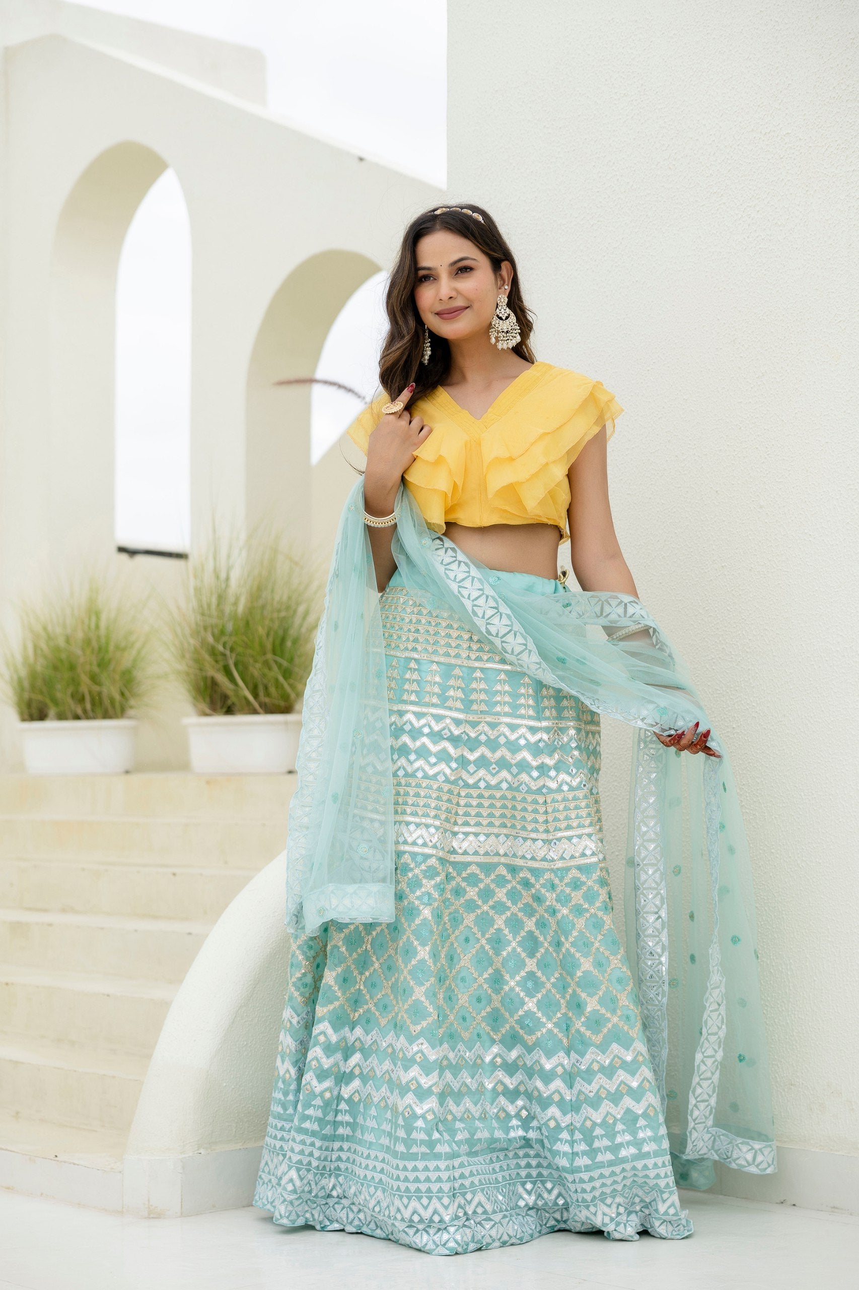 Shimmering Organza Lehenga Set with Sequins & Foil Detailing | RoopRivaaj