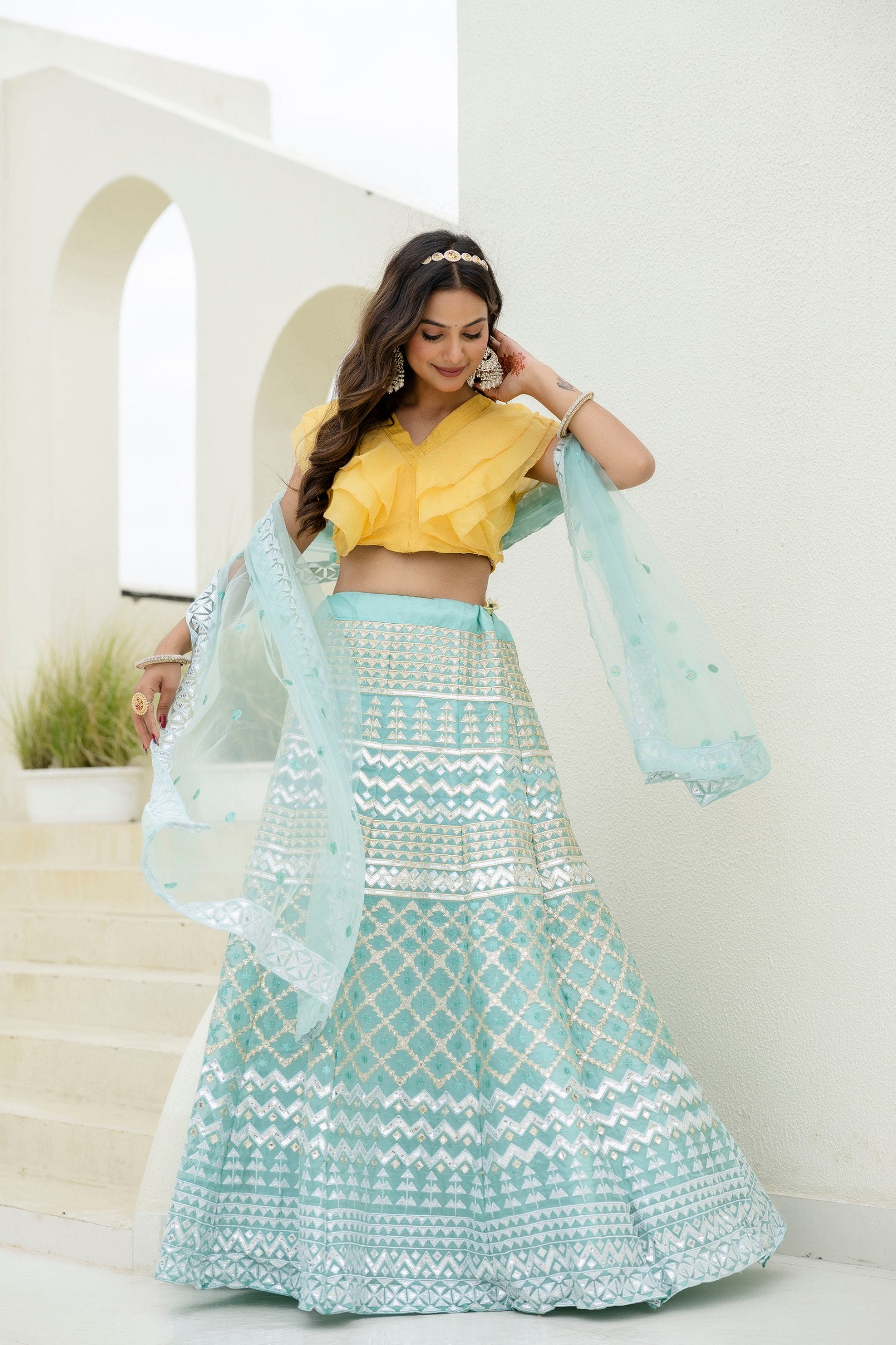 Shimmering Organza Lehenga Set with Sequins & Foil Detailing | RoopRivaaj