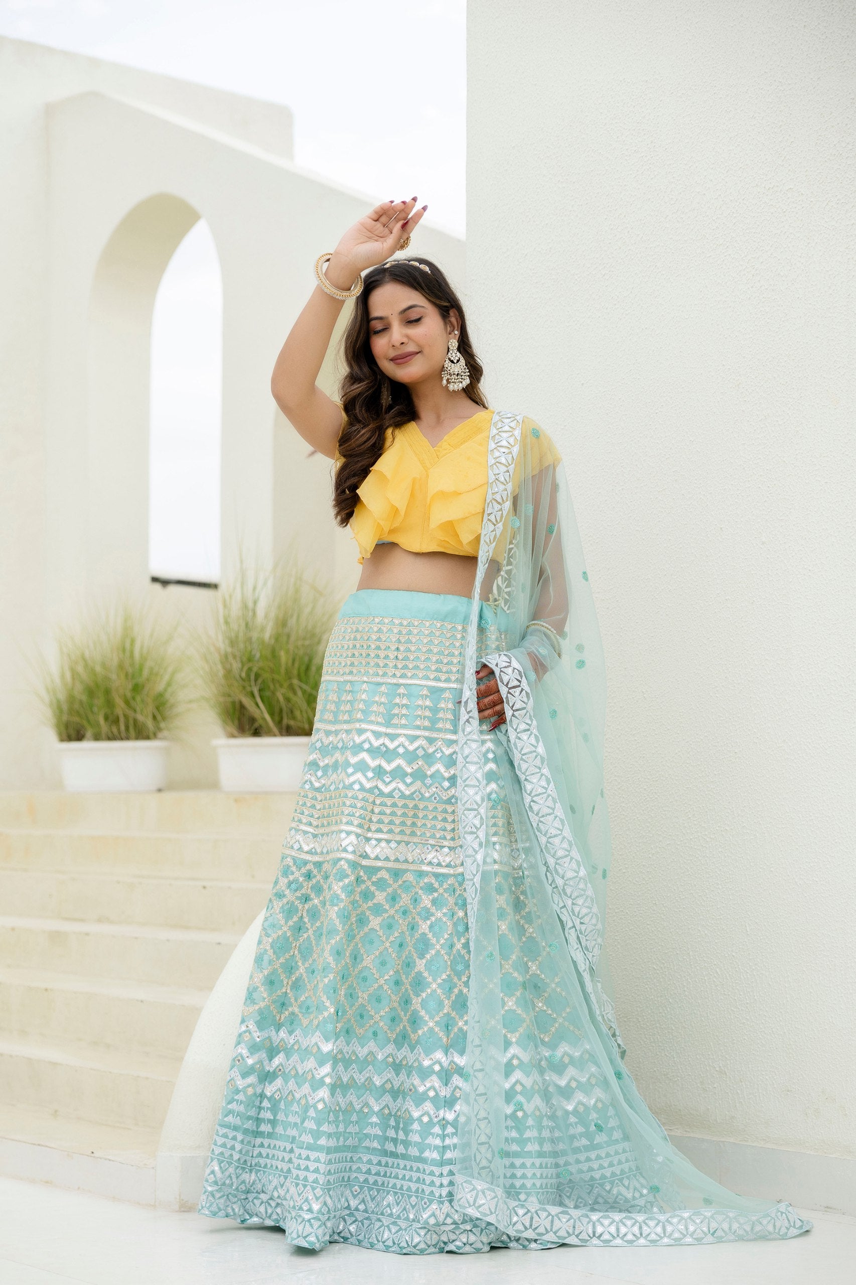 Shimmering Organza Lehenga Set with Sequins & Foil Detailing | RoopRivaaj