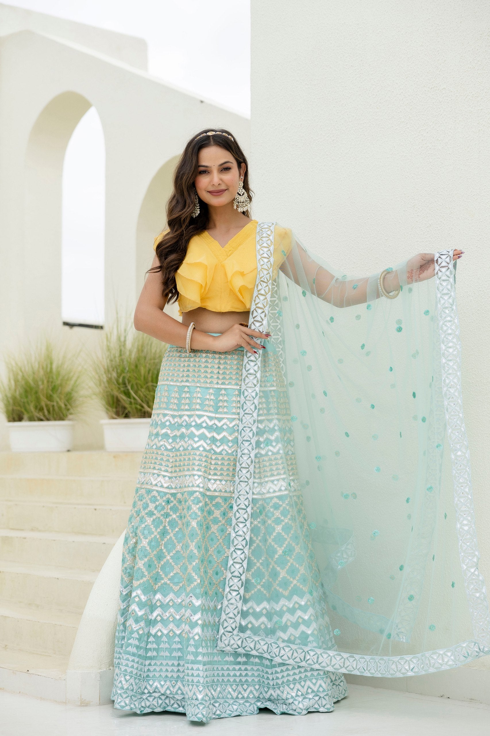 Shimmering Organza Lehenga Set with Sequins & Foil Detailing | RoopRivaaj