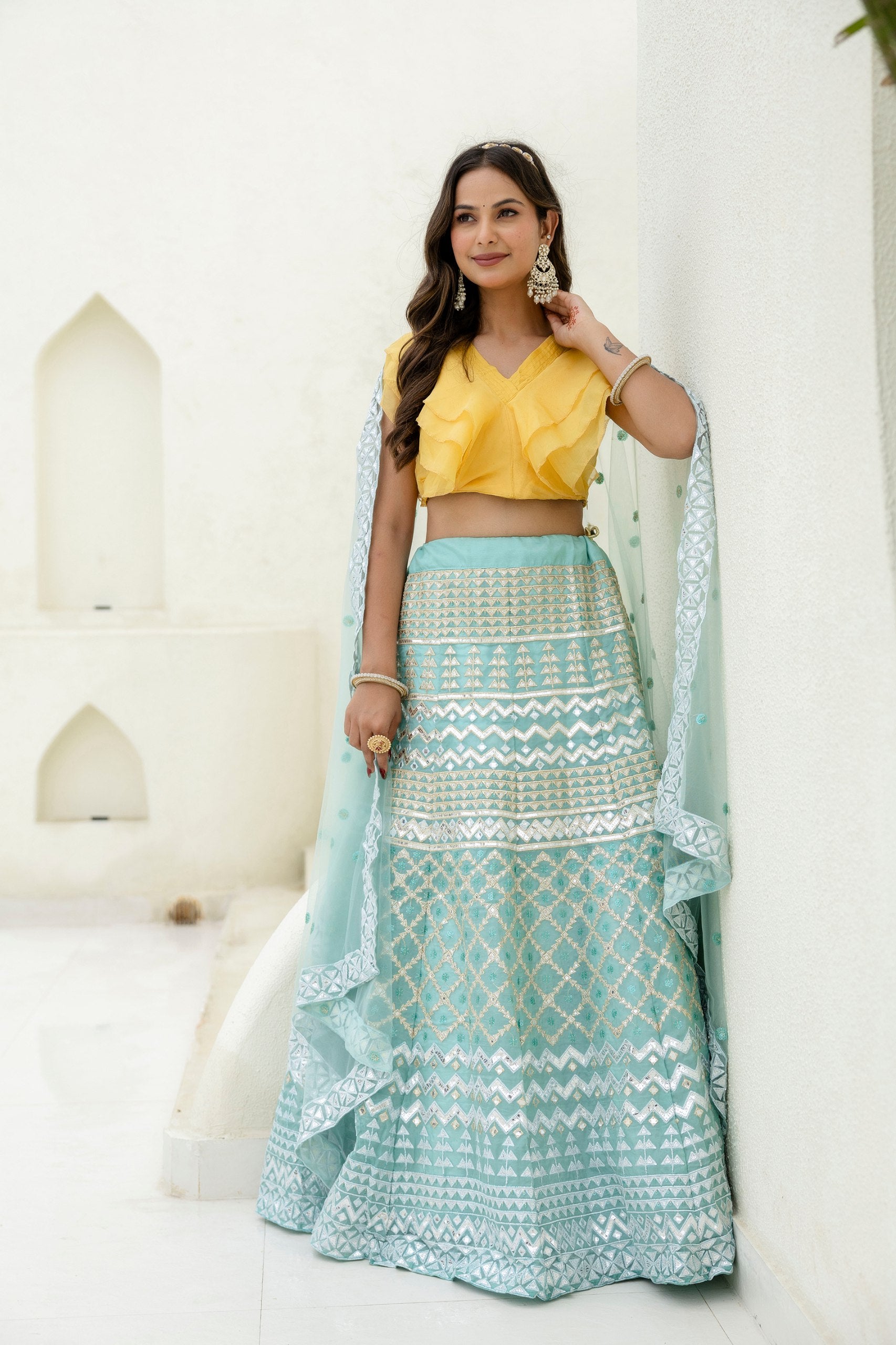 Shimmering Organza Lehenga Set with Sequins & Foil Detailing | RoopRivaaj