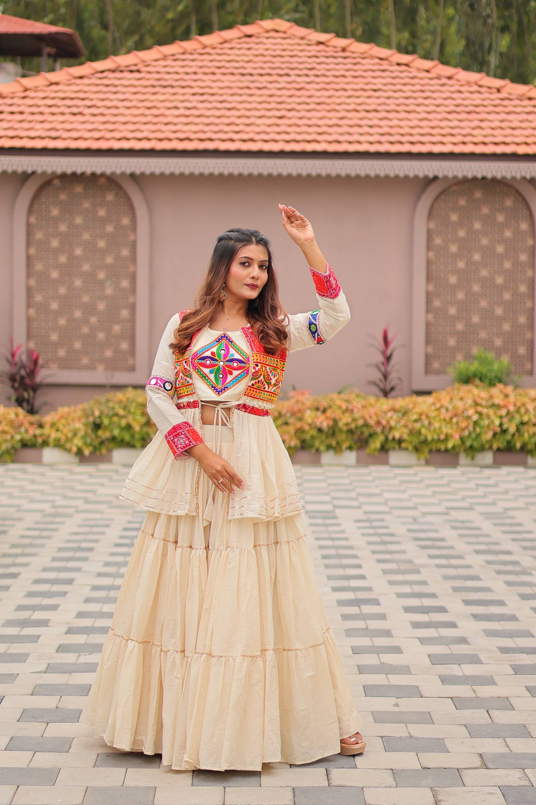 White Navratri Special Gamthi Work Lehenga Choli with Koti | RoopRivaaj